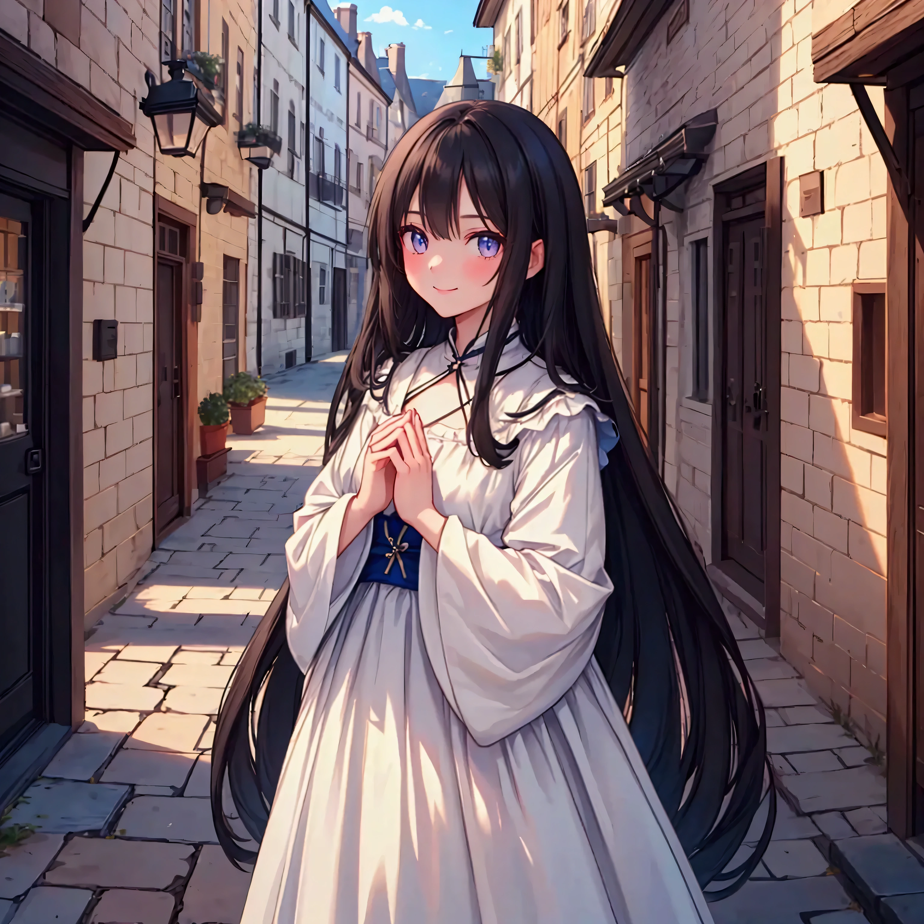 A slender woman with long, flowing black hair, standing at 160 cm tall, weighing 45 kg, with a petite chest. Her eyes are a soft, pale blue, and she wears a gentle smile, giving her a mysterious and ethereal aura. She is walking through a medieval European town, surrounded by cobblestone streets and old-world architecture. She is captured in the moment of turning back to look over her shoulder, with her hands resting naturally at her sides. The scene is portrayed from a wide perspective, showcasing the charming townscape in the background, enhanced by ethereal lighting and a depth of field effect. The cinematic lighting and subtle film grain evoke a vintage atmosphere, with soft colors blending blues, purples, and silvery tones. The image is rendered in ultra-high quality, capturing every fine detail with stunning clarity in UHD, retina, and 4K resolution.