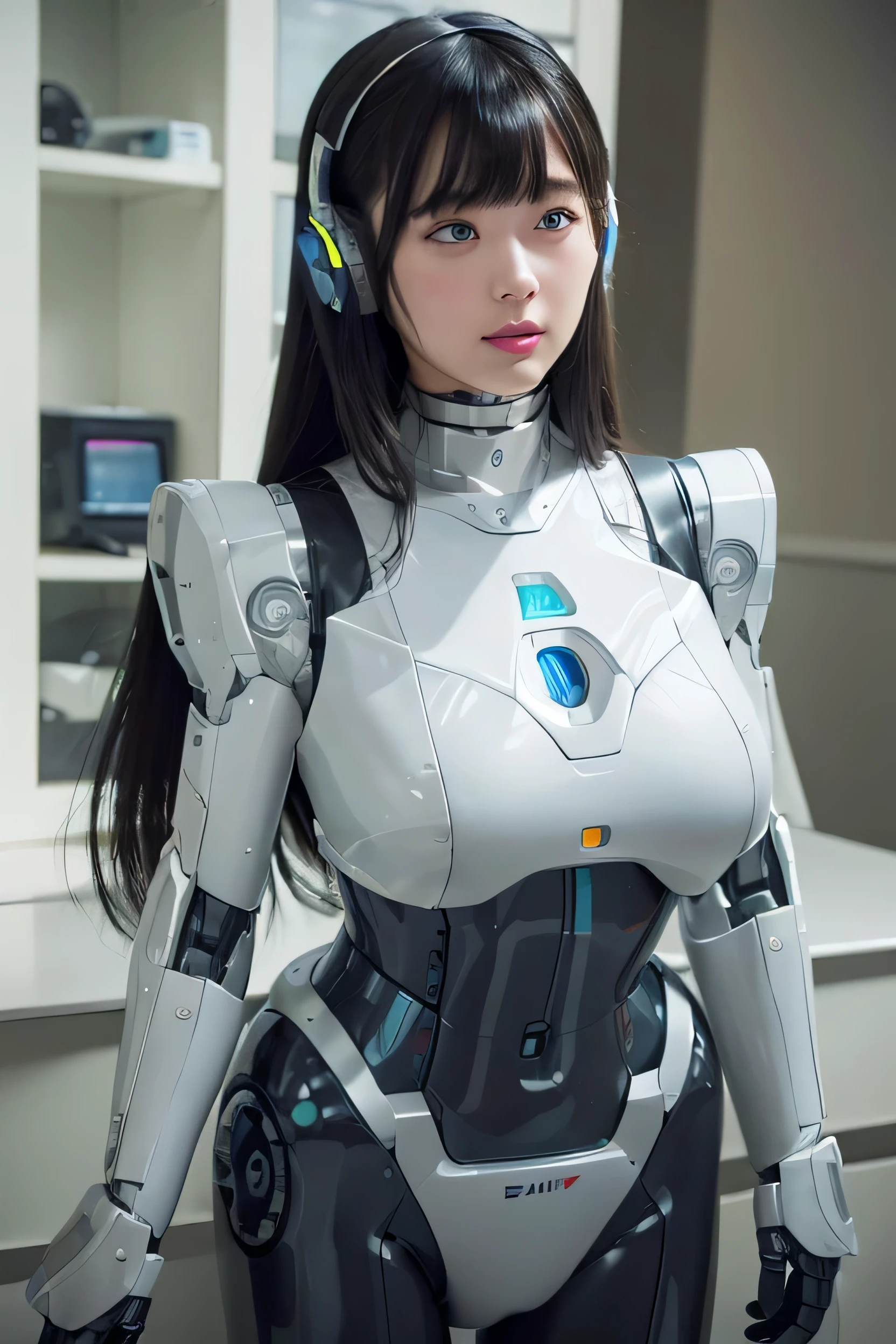 masterpiece, Best Quality, Extremely detailed, 8K portrait,1woman in, Japaese android woman,Plump , announcer,control panels,android,Droid,Mechanical Hand, ,Robot arms and legs, Black hair,Mechanical body,Blunt bangs,White Robotics Parts,perfect robot woman,Charging spot,Long Tube,A thick cable was connected to her neck,ceramic body ,Mechanical body, mechanical ear covers,android,robot humanoid,a bit chubby,panty,She is exhibits,perfect mechanical body,white robotics body,future laboratory,mechanical ear cover,blue eyes