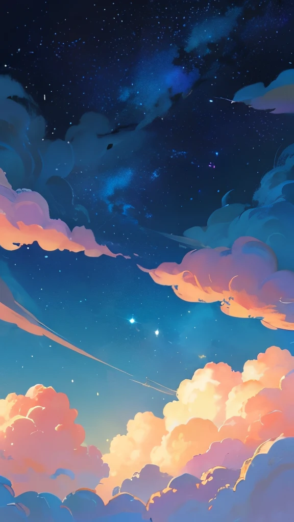 a painting of a crescent and stars in the sky, pixel art by Eva Frankfurther, tumblr, space art, dreamy night, detailed dreamscape, fluffy pink anime clouds, space clouds, anime clouds, anime background, beautiful iphone wallpaper, dreamy clouds, background art, aesthetic clouds in the sky, fantasy puffy sky, anime background art, wallpaper aesthetic, cosmic sky