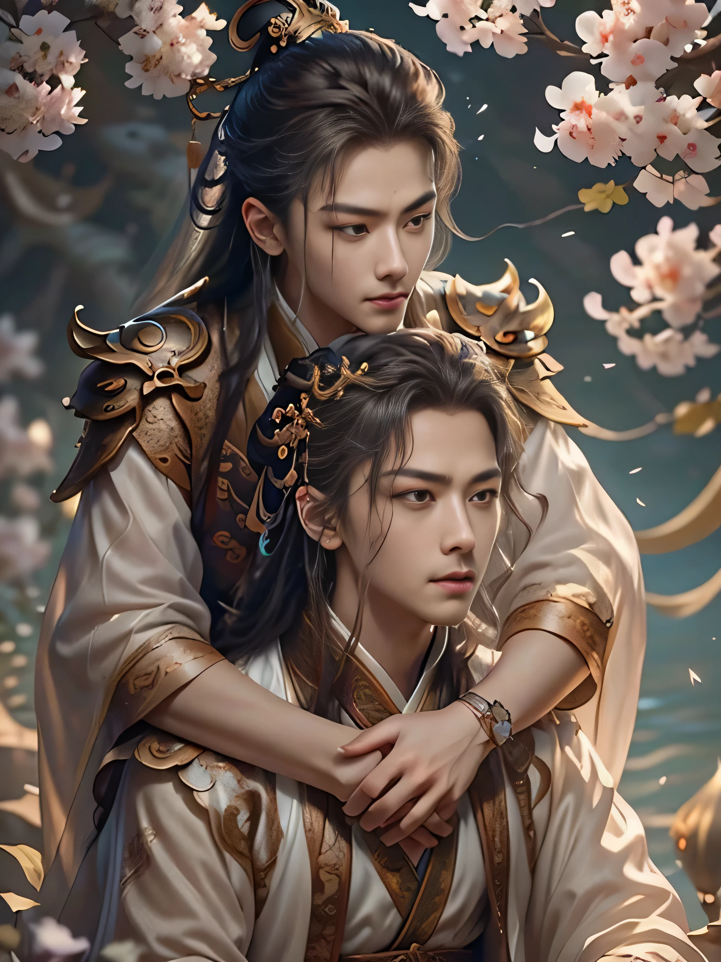 (Best Quality, Super Detail, Masterpiece, Representative Work, Official Art, Professional, Super Fine Detail, 8k:1.3), (photorealism:1.2), (Couple, Beautiful Girl and Boy), A couple in the sea of flowers, Handsome guy hugs beautiful girl from behind, Smiling and Wearing White Clothes, Delicate Hair, Chinese Beauty and Handsome Man, Wearing Ancient Chinese Clothes, Flowing Tulle, Light Silk, Create a movie poster similar to those used in Chinese romantic fantasy dramas, Correct proportions, Perfect face, perfect hands, Sweet atmosphere, Photorealistic, Sharp Focus, Dreamy Atmosphere, Delicate Details, Soft Volumetric Light, (Backlight:1.3), (Cinematic:1.2), Intricate Details, (ArtStation:1.3)