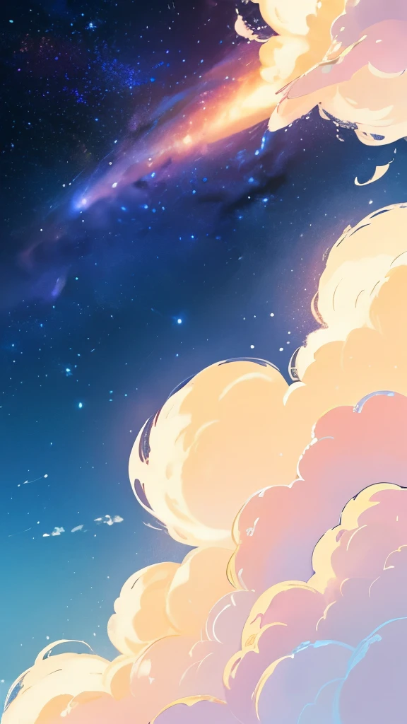 a painting of a crescent and stars in the sky, pixel art by Eva Frankfurther, tumblr, space art, dreamy night, detailed dreamscape, fluffy pink anime clouds, space clouds, anime clouds, anime background, beautiful iphone wallpaper, dreamy clouds, background art, aesthetic clouds in the sky, fantasy puffy sky, anime background art, wallpaper aesthetic, cosmic sky