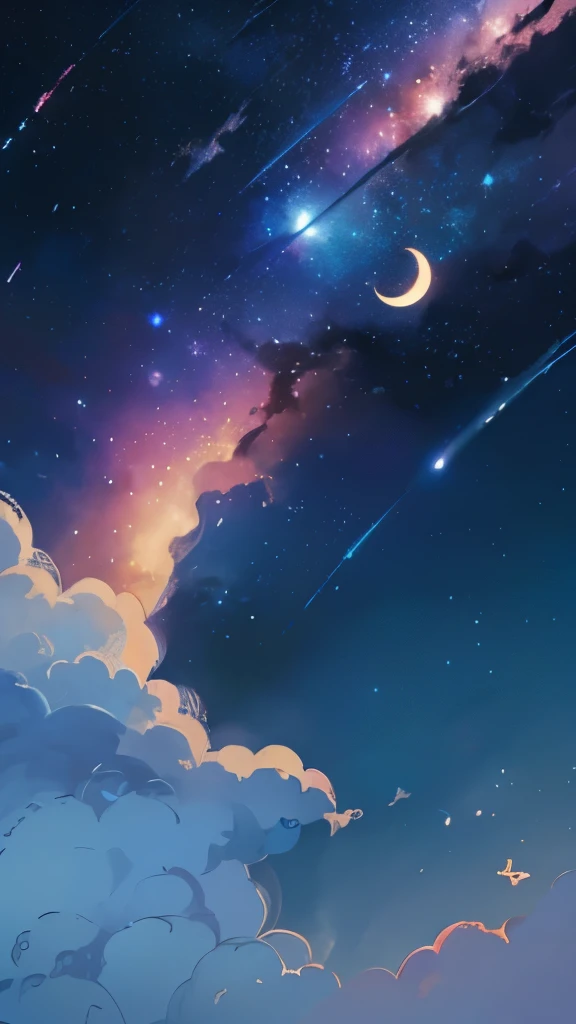 a painting of a crescent and stars in the sky, pixel art by Eva Frankfurther, tumblr, space art, dreamy night, detailed dreamscape, fluffy pink anime clouds, space clouds, anime clouds, anime background, beautiful iphone wallpaper, dreamy clouds, background art, aesthetic clouds in the sky, fantasy puffy sky, anime background art, wallpaper aesthetic, cosmic sky