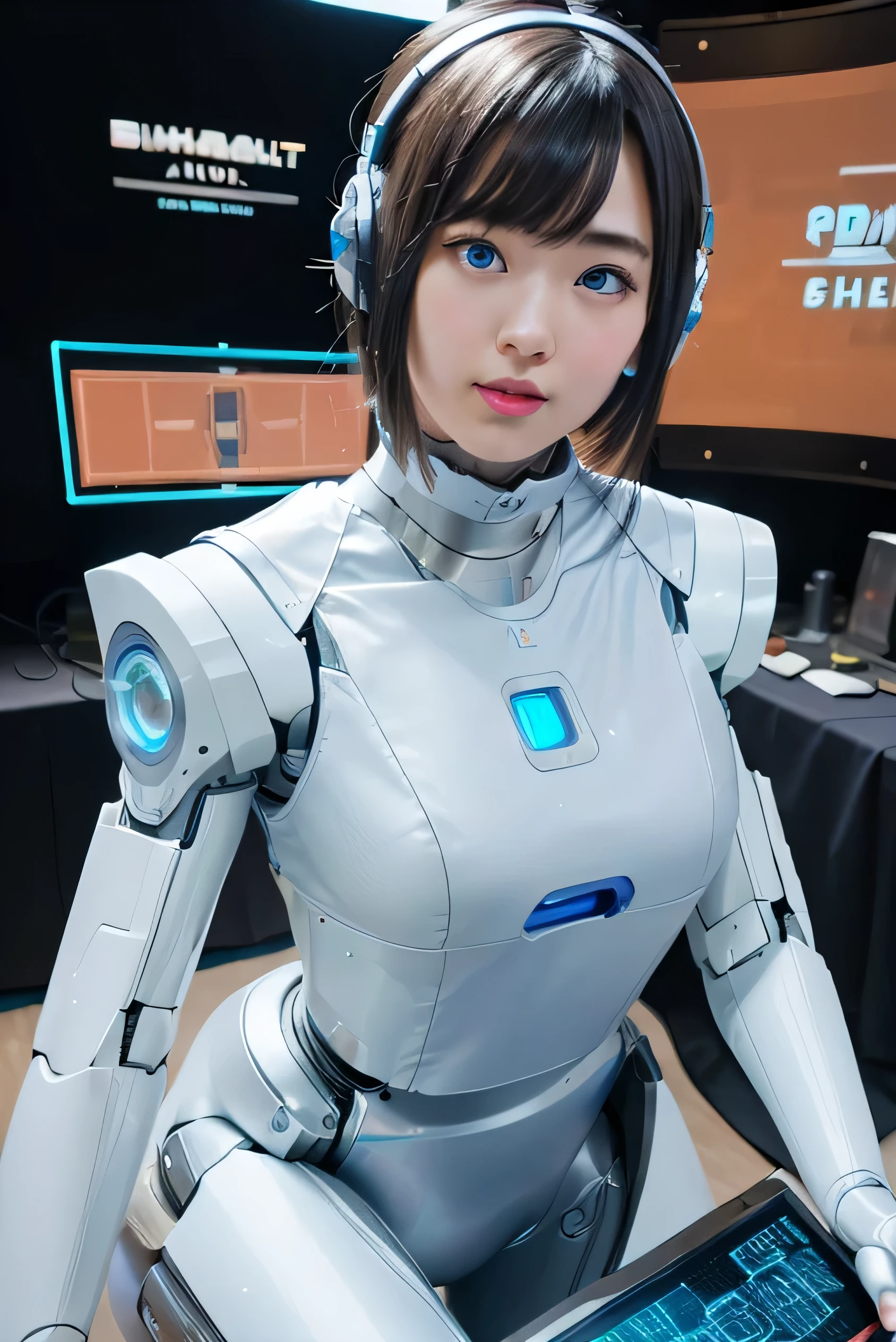 masterpiece, best quality, extremely detailed, Japaese android girl,Plump ,control panels,android,Droid,Mechanical Hand, Robot arms and legs,Blunt bangs,perfect robot girl,white robot body,mechanical neck,long tube,thick cable connected her neck,android,robot,humanoid,cyborg,japanese cyborg girl ,robot-assembly plant,She has assembled now,assembly scene,chest monitor,blue eyes, operator,wearing high-tech headset
