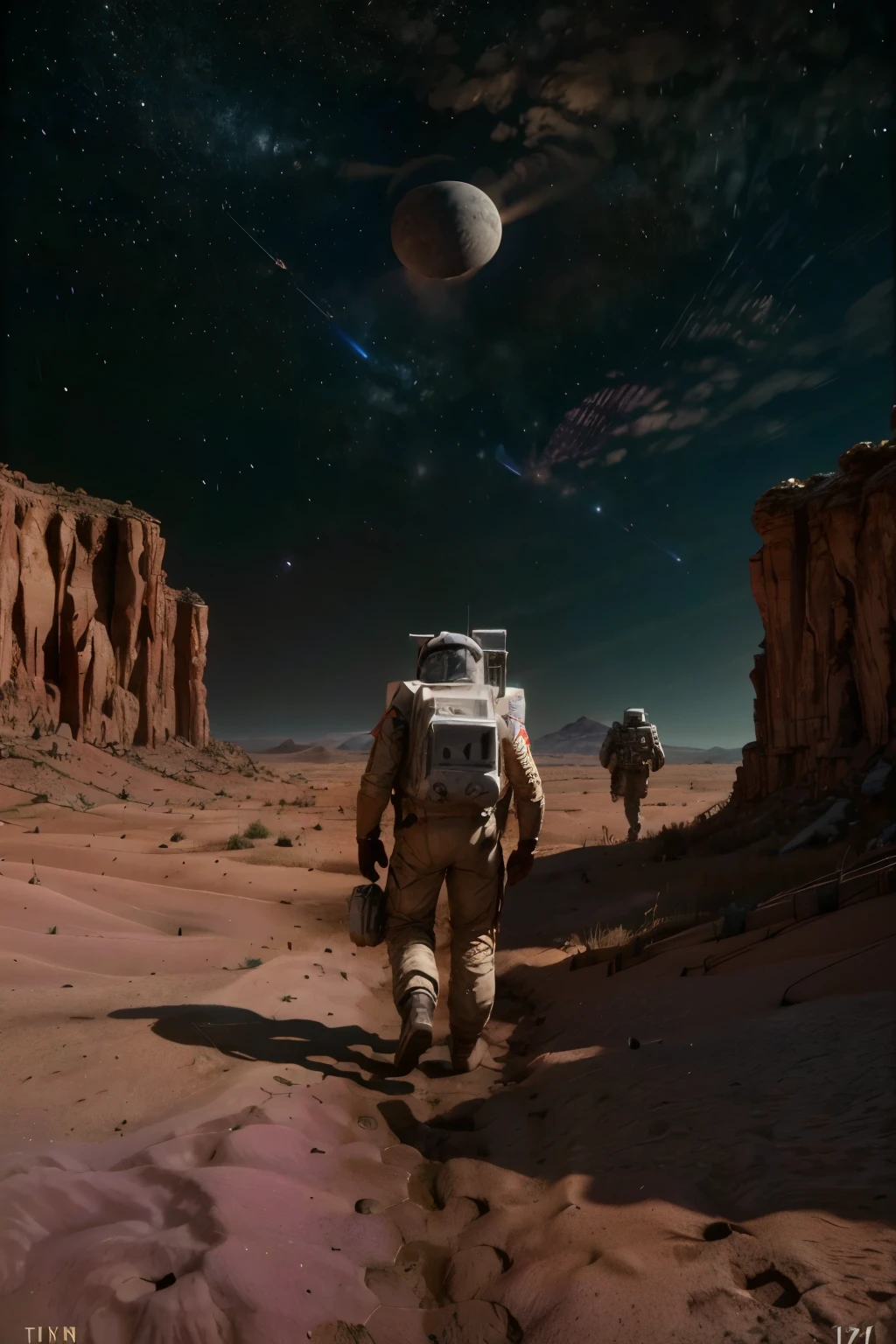 a space module landing on the surface of a planet, 8k highly detailed, photorealistic, cinematic lighting, dramatic, epic scale, realistic space shuttle, moon rover, astronaut walking on the moon, American flag, craters, rocky terrain, planets or moons visible in the background, dramatic shadows, vivid colors