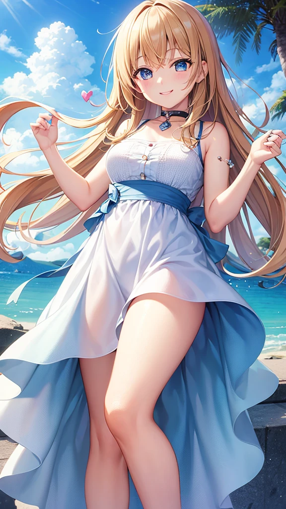 masterpiece, rich colors, Best quality, detailed, high resolution, Hyper quality, high detail, , high quality, detailing, skinny sexy girl on the beach , bright lighting , Brown eyes, Anime, palm trees, bright lighting, blonde,