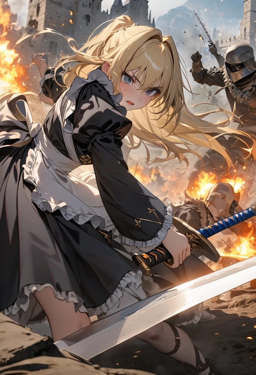 (8k, Best Quality, masterpiece), Blonde, Small breasts,  black dress to hang your body,  White Apron , Blue ribbon, Gold A-line, Gold accents, Gothic maid outfit, Long:1,4), Burning Battlefield, Castle Defense, Large two-handed sword, (Western design sword), Sword fight, A strong enemy in front of me, Close race, Fierce Fight, Deadly Combat, Being cornered, I&#39;m somehow managing to protect it all by myself., (Slashed by a sword:1,4), (Torn Apron:1.6), (Torn clothes:1.6), (Dirty clothes:1,6), (Dirty with ash and soot:1,6), Whole body dirt, scratch, Blood, Brandishing a sword with both hands, 