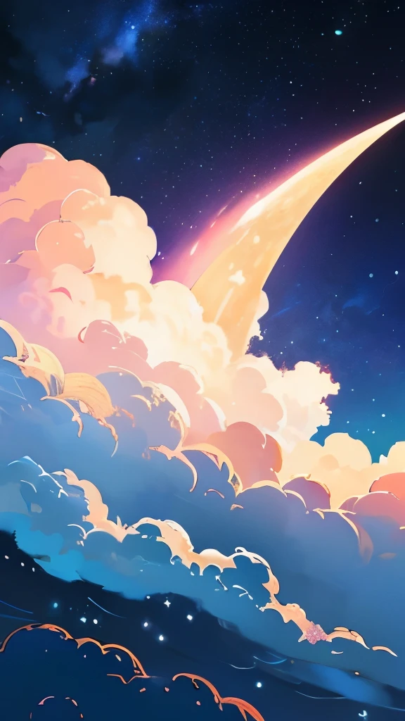 a painting of a crescent and stars in the sky, pixel art by Eva Frankfurther, tumblr, space art, dreamy night, detailed dreamscape, fluffy pink anime clouds, space clouds, anime clouds, anime background, beautiful iphone wallpaper, dreamy clouds, background art, aesthetic clouds in the sky, fantasy puffy sky, anime background art, wallpaper aesthetic, cosmic sky