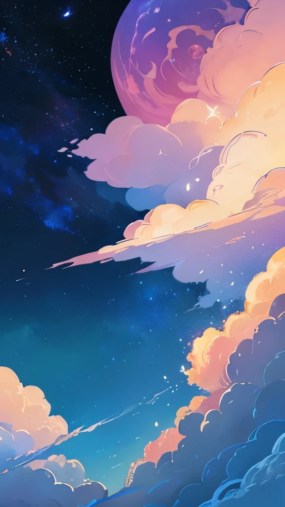 a painting of a crescent and stars in the sky, pixel art by Eva Frankfurther, tumblr, space art, dreamy night, detailed dreamscape, fluffy pink anime clouds, space clouds, anime clouds, anime background, beautiful iphone wallpaper, dreamy clouds, background art, aesthetic clouds in the sky, fantasy puffy sky, anime background art, wallpaper aesthetic, cosmic sky