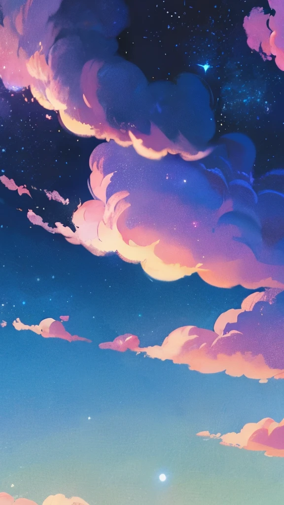 a painting of a crescent and stars in the sky, pixel art by Eva Frankfurther, tumblr, space art, dreamy night, detailed dreamscape, fluffy pink anime clouds, space clouds, anime clouds, anime background, beautiful iphone wallpaper, dreamy clouds, background art, aesthetic clouds in the sky, fantasy puffy sky, anime background art, wallpaper aesthetic, cosmic sky