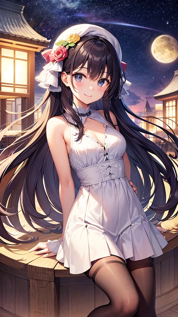 (masterpiece:1.3), (best quality:1.1), (8k, ultra detailed, ultra high res:1.3), anime style, perfect 5 fingers, perfect ???????, (Strapless dress:1.2), white dress, arm behind back, 
1girl, small ???????, long hair, wavy hair, white hair, BREAK red eyes, looking at viewer, shoot from front, 
BREAK cowboy shot, BREAK outdoor, outside, at night, Starry Night Sky with Shooting Stars, sky, 