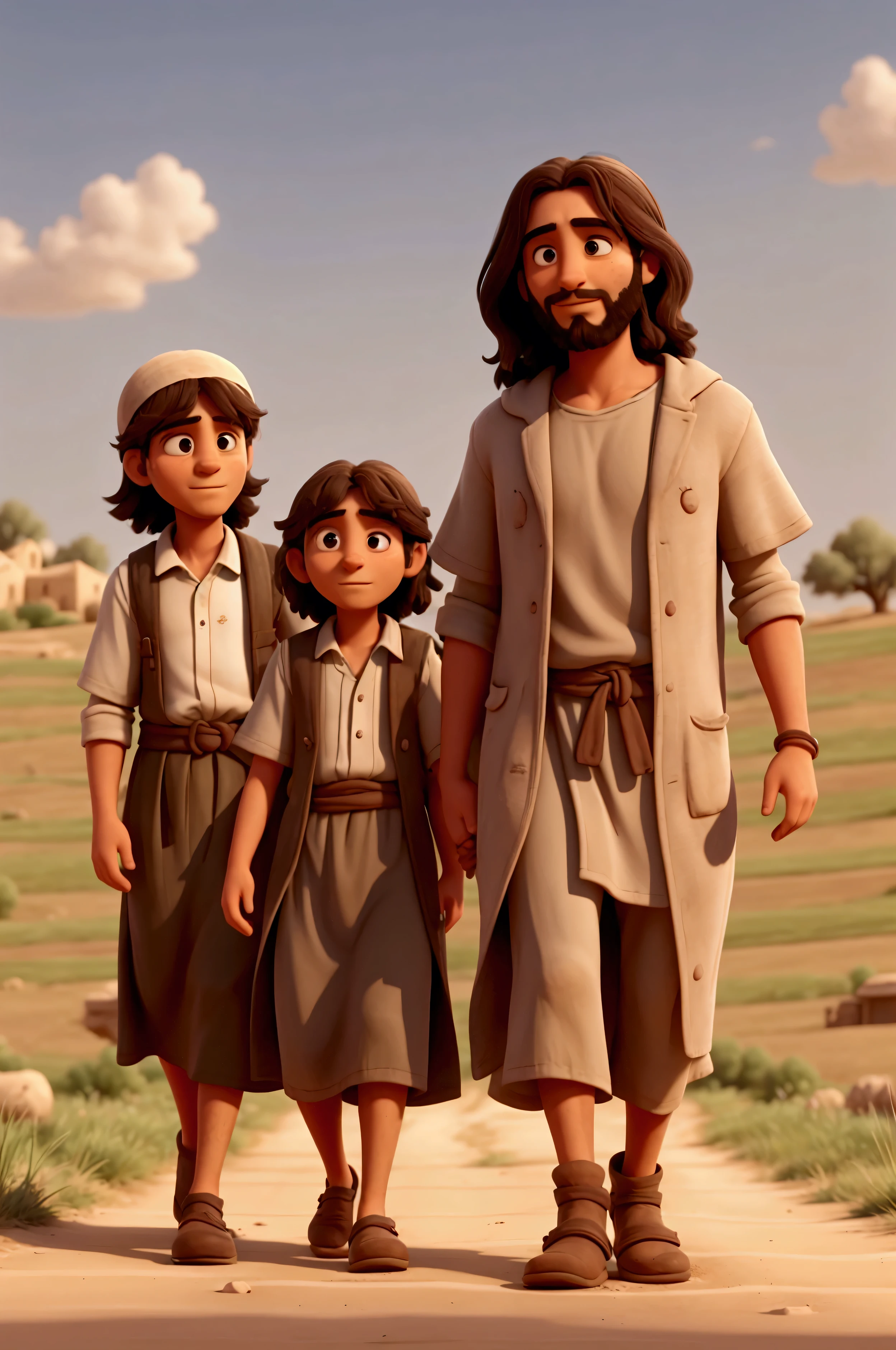 In the image, depict two of Jesus' followers walking on a dusty road towards a small village named Emmaus, located approximately ten kilometers from Jerusalem. They should appear deep in conversation, discussing recent events. Jesus, unrecognized by them, walks alongside, engaging in their conversation. Capture the moment when Jesus begins to explain the Scriptures to them. The village of Emmaus should be visible in the distance. The mood of the image should convey a sense of revelation and anticipation.