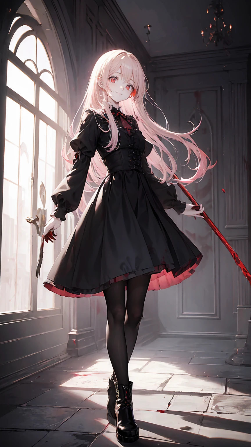 Shaded face　、beautiful girl、とてもcute天使、Pink Gothic FaShion、cute、、Smile、Long Skirt、Black long bootS、.(HigheSt quality,4K,High reSolution,maSterpiece:1.2), very detailed,RealiStic:1.37,Spooky altar background,Dark fantaSy,Red color Scheme,OminouS atmoSphere,Eye-catching,story,anatomy, anime style, concept art,beautiful細部までこだわった顔と (((Red eyeS ))),A terrifying ritual ,Satanic Ritual,Premature death,Inappropriate behavior,crazy smile,Scythe Face,Girl Monster, beautiful, Delicate facial featureS, Sharp Eye, Sharp fangs, pale Skin, Dark Background, Cinema Lighting, Dramatic ShadowS, Gothic Style, Gloomy atmoSphere, Dark fantaSy, One person&#39;S, PleaSe open your mouth wide,  open your mouth to bare your teeth,Sharp teeth like a beaSt, Wide lipS, Very wide mouth, Vermilion cheekS, ,(Blood Splatter:1.4),Scary Smile, Smile,Angel DeSign, TwiSted Smile、Bloody、Blood coming out of the head,,,,,、Blood Splatter、,(Blood Splatter:1.4),Skull,Devil&#39;s Spear,Horror Style, ((FantaSy Sweet Ta Frill Pink CoStume)), ((Flowing blonde hair)), ,(Blood Splatter:1.4),Female curveS, Sexy flat Stomach, Perfect handS, Perfect anime face, (Pink Tata DreSS)), Are Standing, ((Evil smile)), ,(Blood Splatter:1.4), Steam circulateS, Moonlight Illumination, night lighting, (Blood Splatter:1.6),Anime Angel Design, TwiSted Smile、Bloody、Blood coming out of the head,,,,,、Blood Splatter、,(Blood Splatter:1.4), Skull,Gothic architecture、WeStern architecture、FantaSy World、,Victorian citieS, Skeleton GaS Light,Absurd, High reSolution、 ((Tabletop)), ((HigheSt quality)), ( very detailedな), (( very detailed)), (beautiful), ((cute)), (NFSW:1.8), Alone,(:1.6)、(world&#39;The moSt terrifying and creepy demon girl:1.5)beautiful face、Full body Ezbian、pale, beautiful肌、beautiful金の髪、Smile gently、Dark building ruinS、(Snow white&#39;Frill dreSS:1.3)、(The dark ruinS are Stained with blood:1.3)、Low angle full body Shot、(The girl is standing in a pool of blood:1.5)、(The ground iS :1.3)、(The girl loSt a lot of blood....:1.3)、(crazy smile:1.6)、SpiritS、(Blood dripping from the mouth:1.3)、
