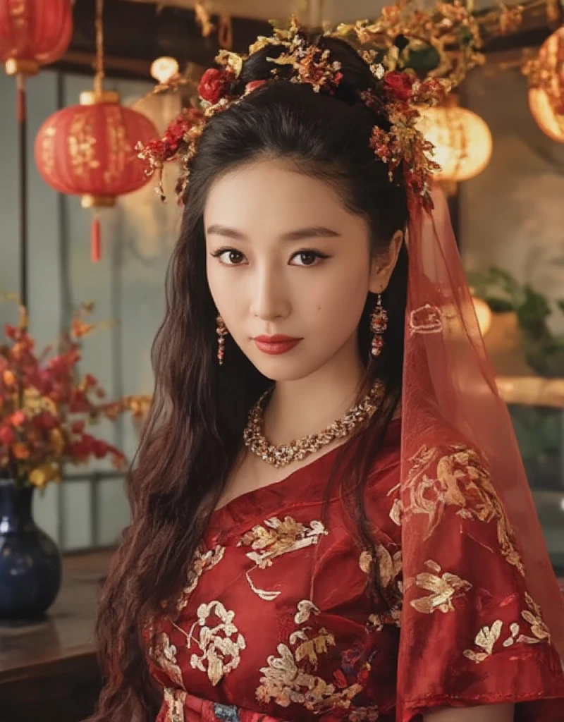  Very Long Hair ,（（（The eyes are very delicate）））（（（Hair accessories）））（（（veil）））,necklace, Misako wears a red transparent sexy silk dress, ((Radiant skin))The room is full of Chinese New Year decorations （（（masterpiece）））, （（ Best quality））, （（ intricate details ））, （（ surrealism ））（8K）, Change