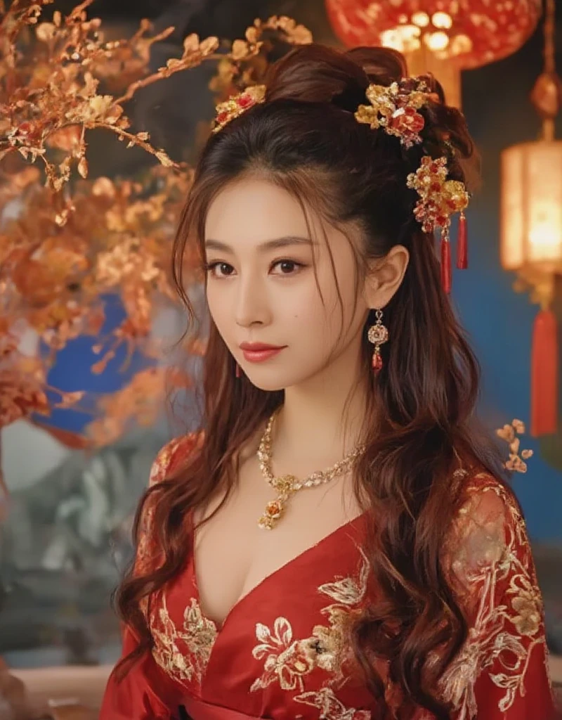  Very Long Hair ,（（（The eyes are very delicate）））（（（Hair accessories）））（（（veil）））,necklace, Misako wears a red transparent sexy silk dress, ((Radiant skin))The room is full of Chinese New Year decorations （（（masterpiece）））, （（ Best quality））, （（ intricate details ））, （（ surrealism ））（8K）, Change