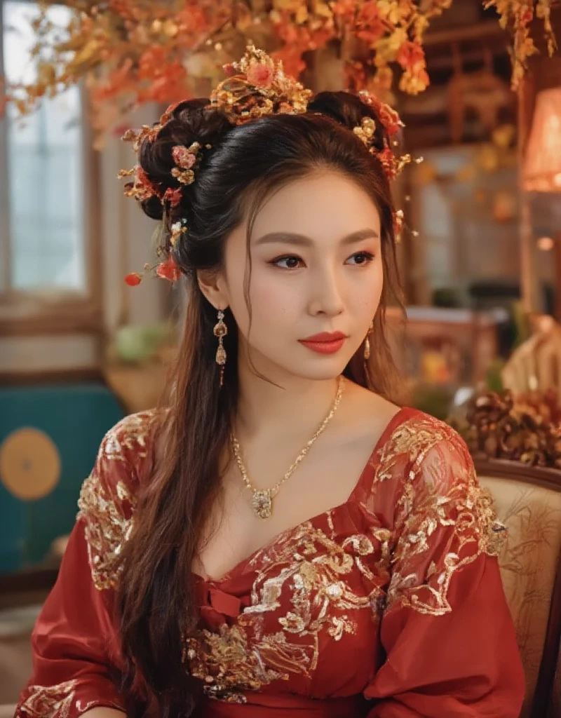  Very Long Hair ,（（（The eyes are very delicate）））（（（Hair accessories）））（（（veil）））,necklace, Misako wears a red transparent sexy silk dress, ((Radiant skin))The room is full of Chinese New Year decorations （（（masterpiece）））, （（ Best quality））, （（ intricate details ））, （（ surrealism ））（8K）, Change