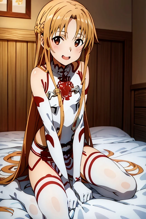 ((Best Quality)), ((masterpiece)), (be familiar with), Perfect Face, indoor, bedroom, Watching the audience,
One woman, Yuuki Asuna,
Open Mouth, Ecstatic expression, blush, smile,
Small breasts,  flat chest, , , child, Girl,
Long Hair, Long Hair,
Leg spread,