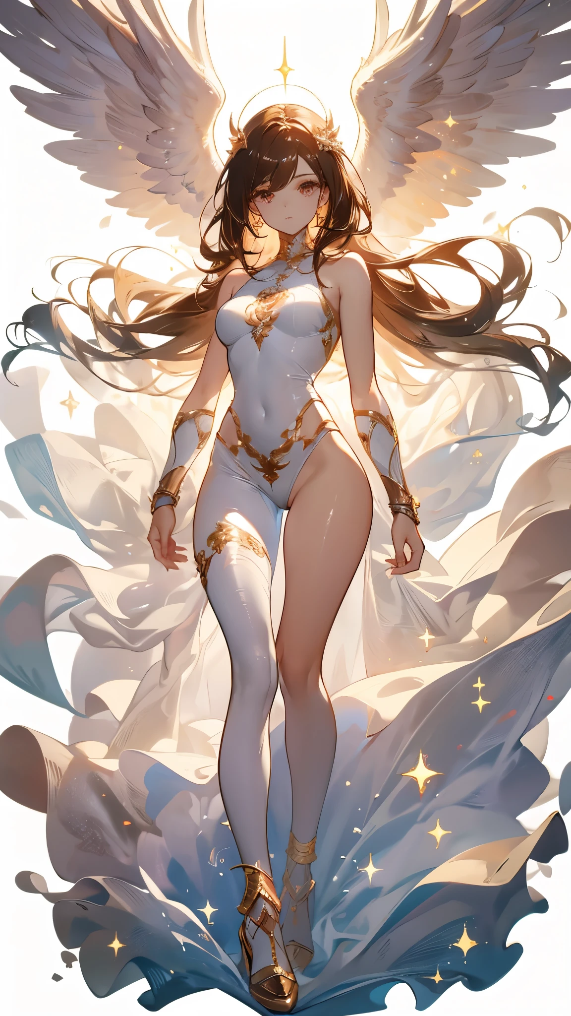 masterpiece, Best quality,Angel, whole body,Pure white background,Wings of Steel,Detailed face,warrior,Brown,High heel, perfect body proportions, Sparkling eyes ,Sexy,Tattoo,Extremely beautiful,transparent,nude