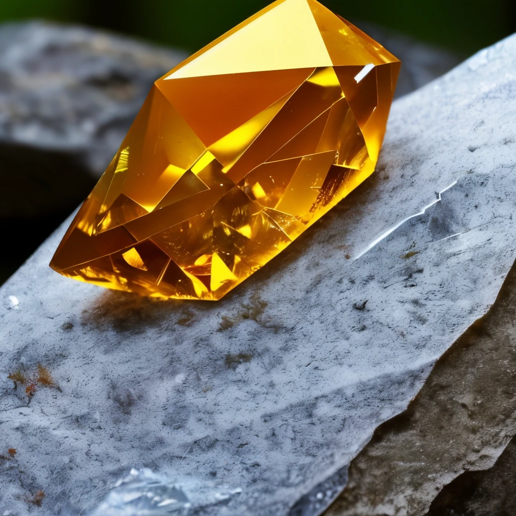 a close up of a yellow crystal on a rock in the woods, a macro photograph by Hans Werner Schmidt, flickr, crystal cubism, yellow crystal gem, glowing amber, glowing crystal on a rock, crystalline!!, beautiful crystals, translucent crystals, crystal formation, crystal clusters, elestial crystals, cave crystals, quartz crystal, crystals enlight the scene