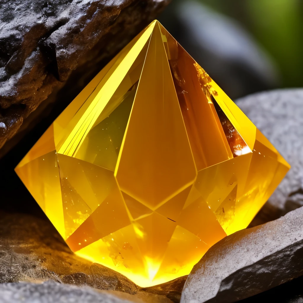 a close up of a yellow crystal on a rock in the woods, a macro photograph by Hans Werner Schmidt, flickr, crystal cubism, yellow crystal gem, glowing amber, glowing crystal on a rock, crystalline!!, beautiful crystals, translucent crystals, crystal formation, crystal clusters, elestial crystals, cave crystals, quartz crystal, crystals enlight the scene