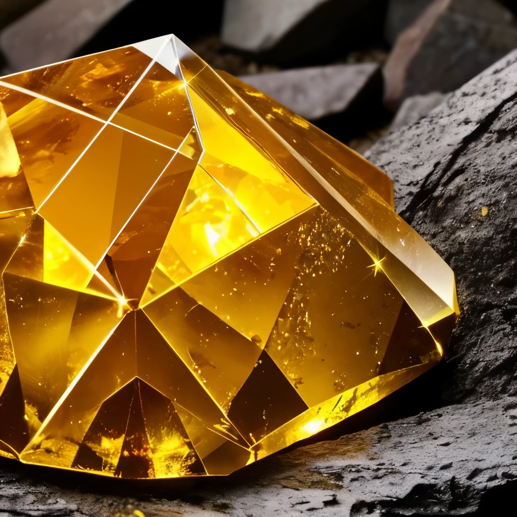 a close up of a yellow crystal on a rock in the woods, a macro photograph by Hans Werner Schmidt, flickr, crystal cubism, yellow crystal gem, glowing amber, glowing crystal on a rock, crystalline!!, beautiful crystals, translucent crystals, crystal formation, crystal clusters, elestial crystals, cave crystals, quartz crystal, crystals enlight the scene