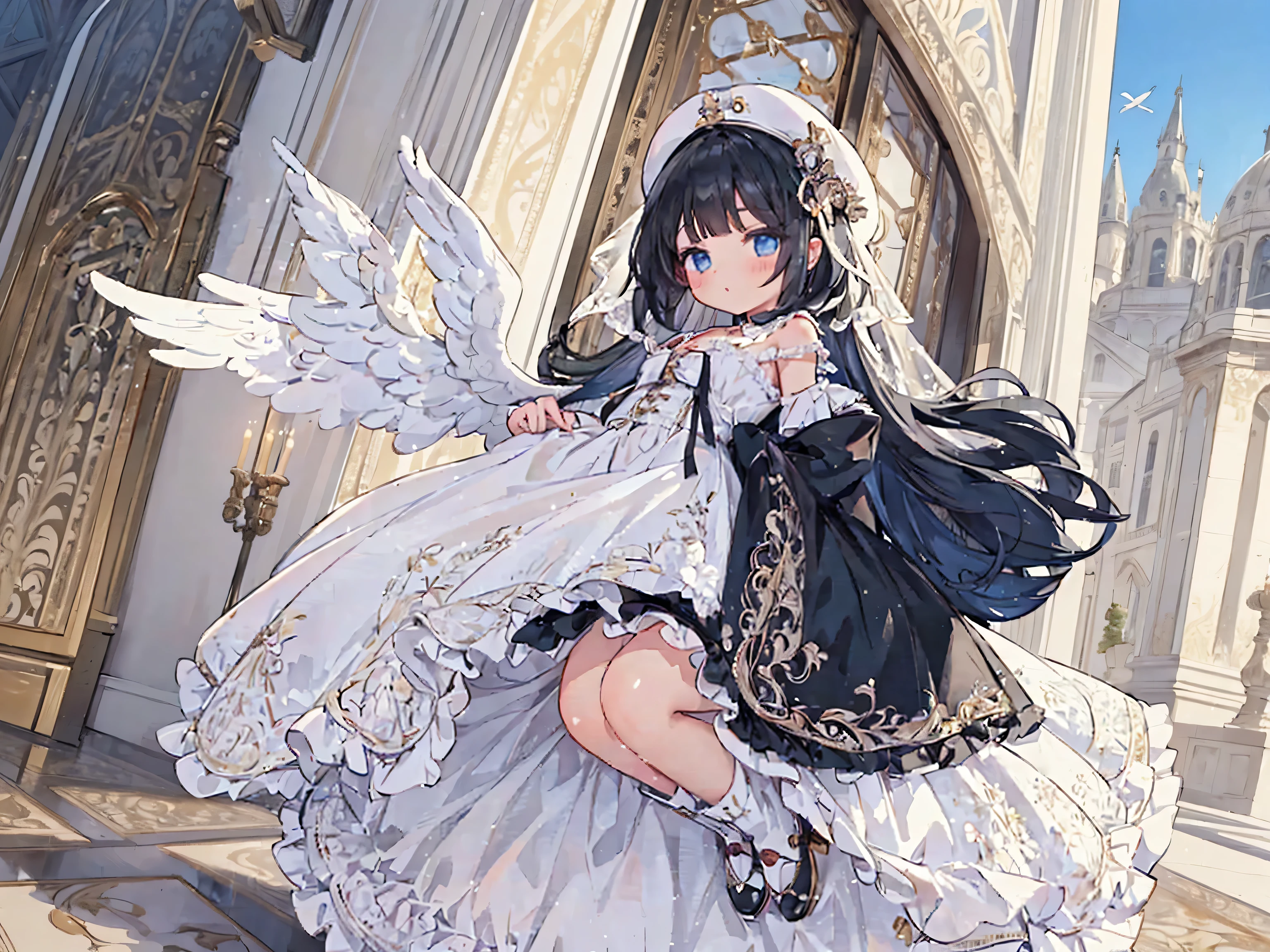 (illustration:1.3), (masterpiece:1.3), (best quality),(Intricate:1.7),(filigree :1.2),(see-through),veil,a girl,black hair,A-line bob, blue eyes,(plump thighs),chubby,((chibi,****)),(full body:1.3),a magical girl,Beret, big ribbon, magical girl, frilly miniskirt, cute boots, angel wings, magic wand,((flying,sky))