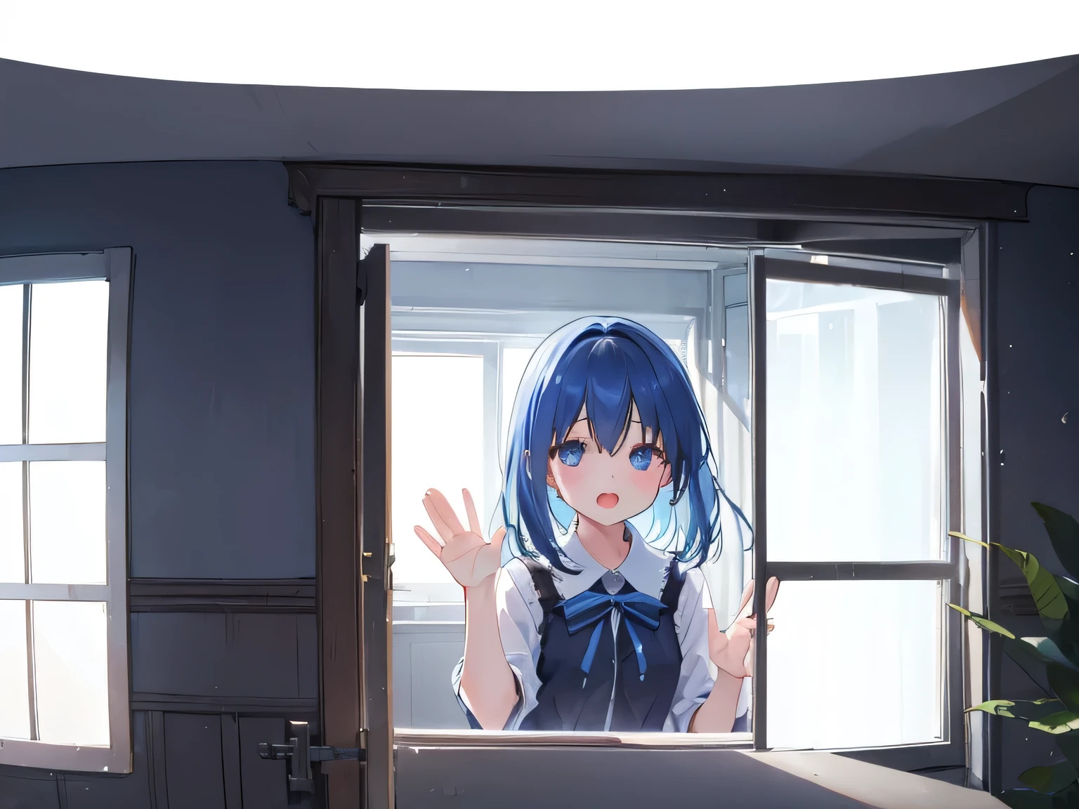 (One girl、solo:1.2), The girl is in an empty window , Hair length, ( One girl in a room without a window ), ( leaning over an open window and waving:1.2),  closes his eyes and laughs, Open mouth smiling, Particles of light,  there is a  watching us through the window ,  waving from a room without a window ,  the camera is being filmed from outside the house ,(I can see the room)