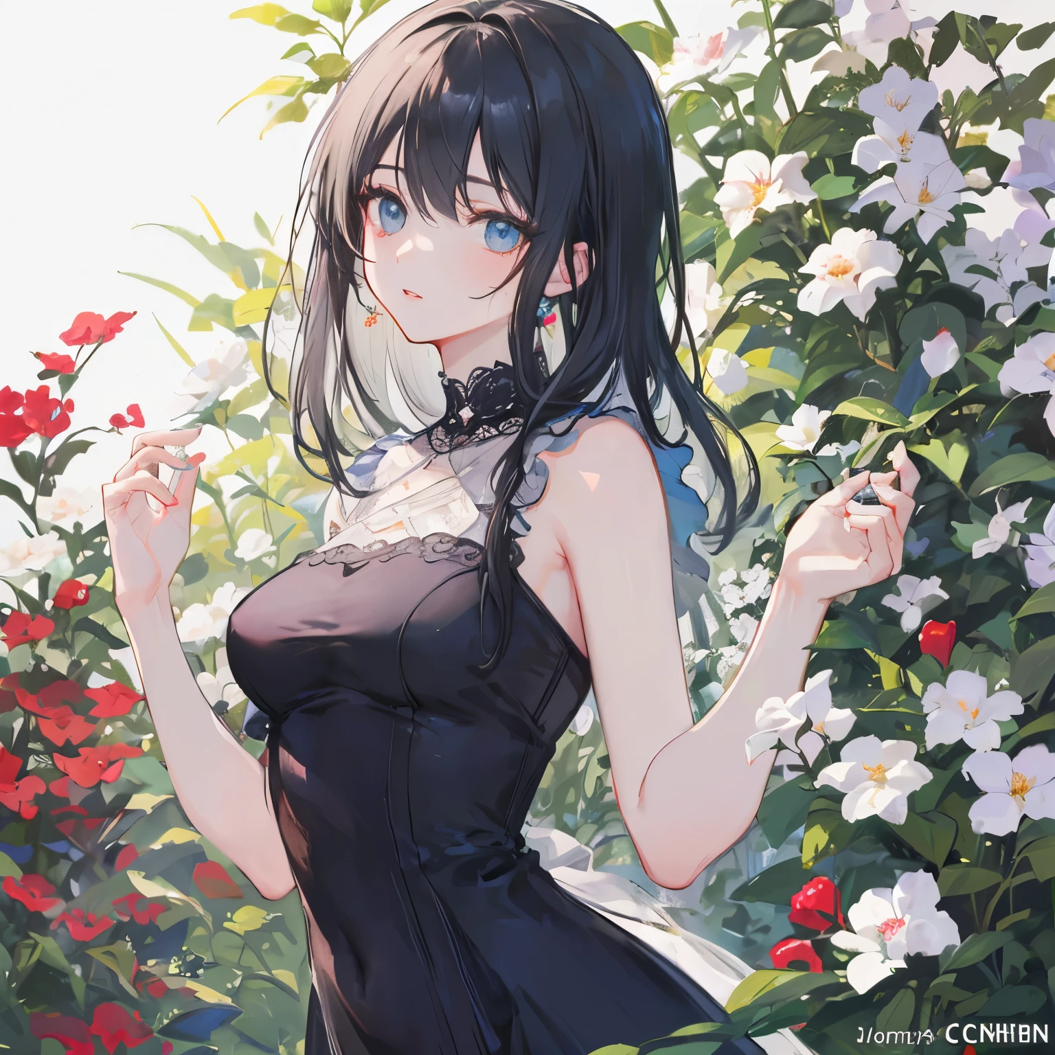 anime girl with long black hair and blue eyes standing in a field of roses, beautiful anime girl, seductive anime girl, beautiful anime woman, beautiful alluring anime woman, anime moe artstyle, attractive anime girl, beautiful anime artwork, beautiful anime, pretty anime girl, (anime girl), beautiful anime art, , anime style 4 k