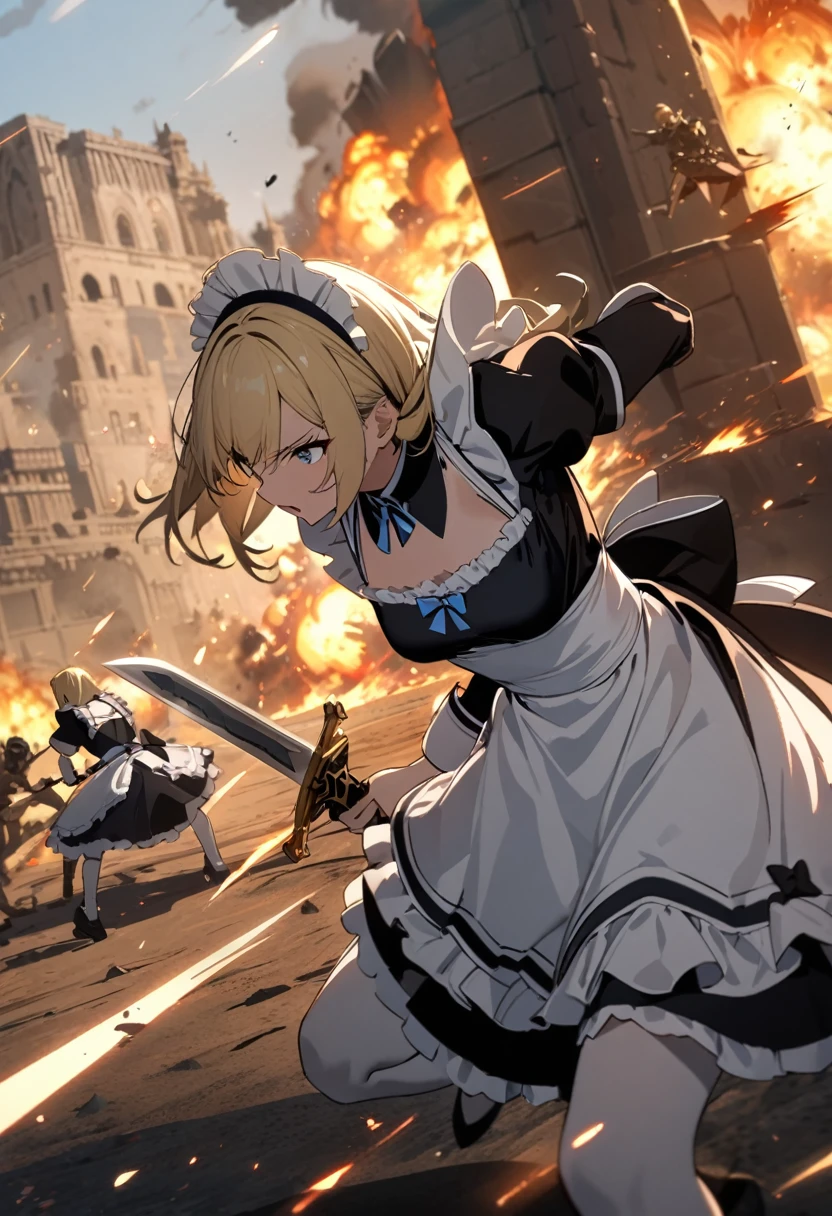 (8k, super high quality, masterpiece), One Girl, cute, (Blonde, Small breasts,  black dress to hang your body,  White Apron , Blue ribbon, Gold A-line, Gold accents, Apron dress, Maid uniform, Long), Burning Battlefield, Castle Defense, explosion, Large two-handed sword, (Western design sword), Sword fight, A strong enemy in front of me, Close race, Fierce Fight, Deadly Combat, Being cornered, I&#39;m somehow managing to protect it all by myself., Slashed by a sword, (Torn Apron), (Torn clothes), (Dirty clothes), (Dirty with ash and soot), Whole body dirt, scratch, Blood, Brandishing a sword with both hands, 