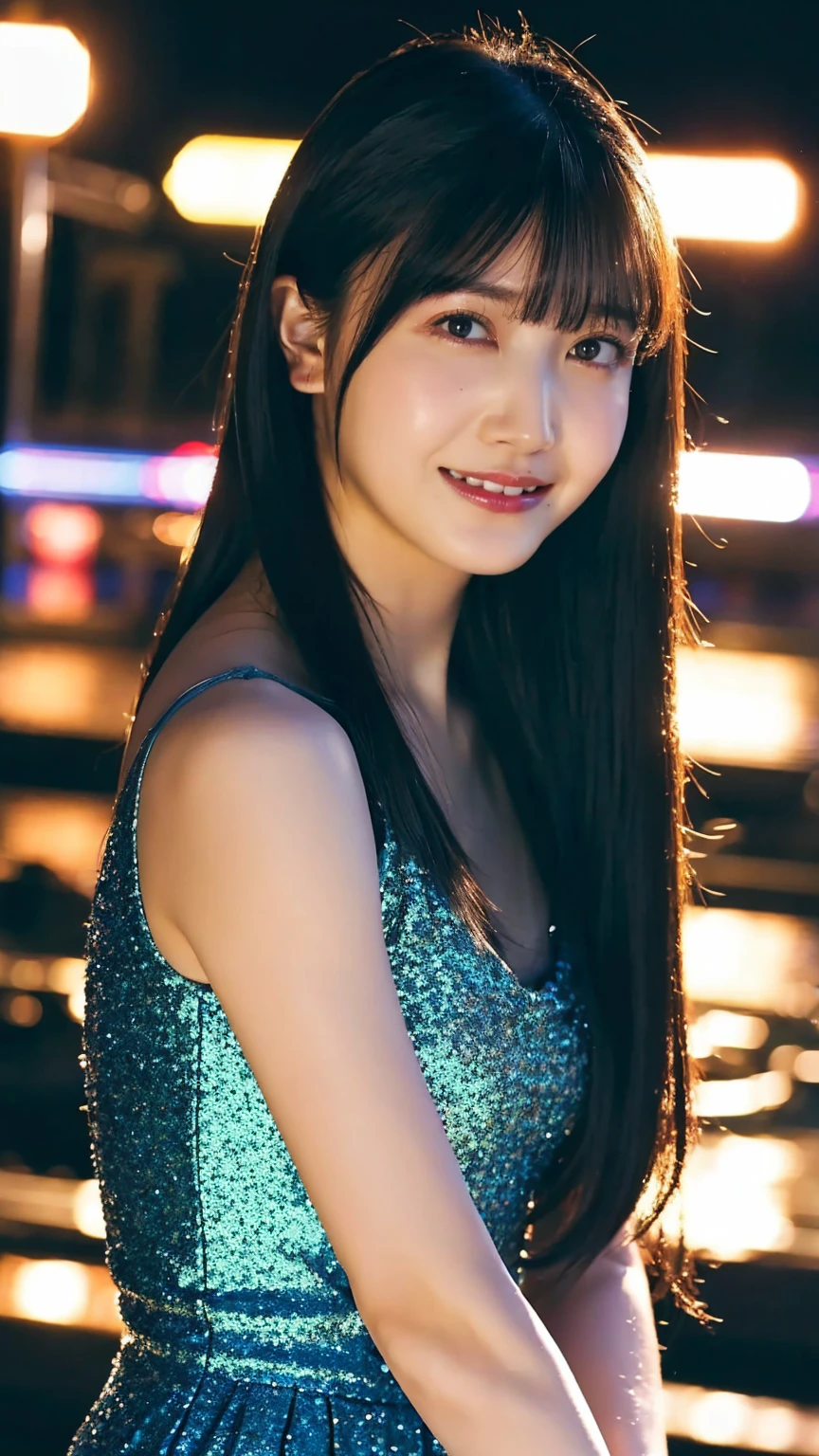 1girl,(wearing a blue glittery evening dress:1.2),(RAW photo, best quality), (realistic, photo-realistic:1.4), masterpiece, an extremely delicate and beautiful, extremely detailed, 2k wallpaper, Amazing, finely detail, extremely detailed CG unity 8k wallpaper, ultra-detailed, highres, soft light, beautiful detailed girl, extremely detailed eyes and face, beautiful detailed nose, beautiful detailed eyes,cinematic lighting,city lights at night,perfect anatomy,slender body,light smile,close up,(long hair with bangs), tighs breast.