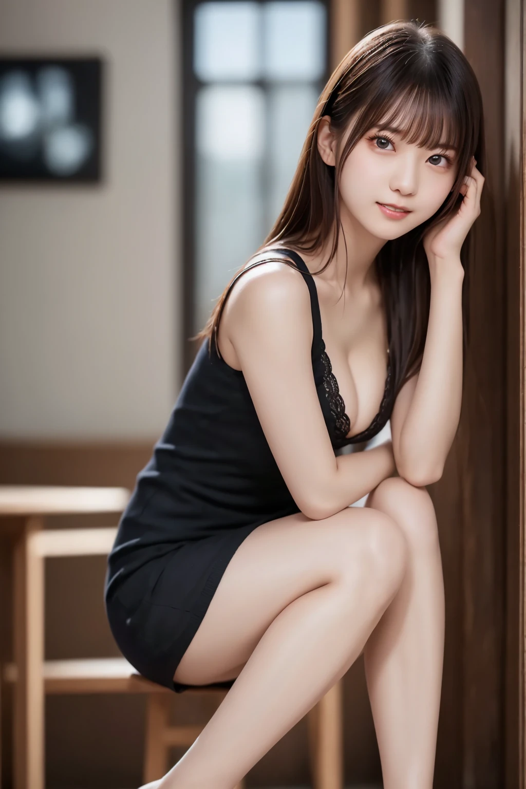 White Shirt、Complex and beautiful eyes、woman、(Bare legs, Beautiful legs : 1.5)、(stand up : 1.4)、Womanly black hair、(Delicate and realistic hair、1 bottle１Realistic hair)、bangs、Natural Color Lip、smile、((White indoor))、indoor、((18歳woman:1.******ung and adorable Japanese face, Official Art，Highly detailed CG Unity 8k wallpaper，（masterpiece:1.0),(Best Quality:1.0), 超High resolution,4K,Very detailed, photo shoot, 8k, nffsw, High resolution, Kodak Portrait 400, Film Grain, Lens flare glow,高いest quality,8k,nffsw:1.2),Portrait Shot,8k、Show Viewer, (((Front View))), (((Front View))), ((Facing))、Body facing forward、Bold cleavage、Firm breasts、Small face, ((Bare legs))、Highest quality、Super beautiful images、stand up