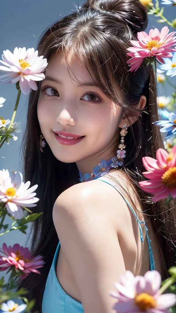 (Realistic, Realistic: 1.37), Unbelievably absurd, (Very detailed: 1.3), 8K, (masterpiece), (Highest quality: 1.4), (Ultra-high resolution: 1.2), (RAW Photos: 1.2), Very detailed背景, (ユニティ 8K 壁紙), One Girl in Nogizaka, very cute, beautiful girl, 15 years old, Exquisitely drawn beautiful faces, eyes and skin, Detailed black shiny hair, Rose Hair Accessories, Smiling for the camera, Cowboy Shot, European castle landscape, Professional Lighting, Nipples are visible, No clothes