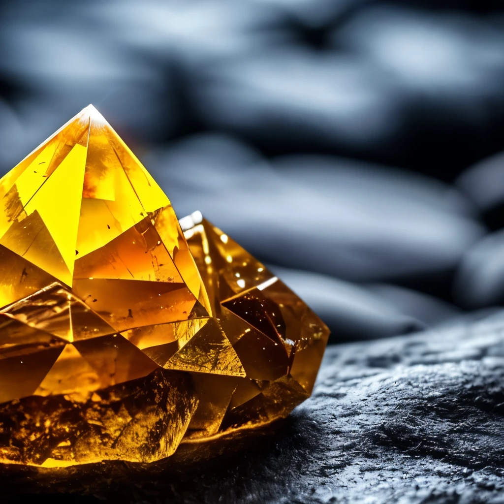 a close up of a yellow crystal on a rock in the woods, a macro photograph by Hans Werner Schmidt, flickr, crystal cubism, yellow crystal gem, glowing amber, glowing crystal on a rock, crystalline!!, beautiful crystals, translucent crystals, crystal formation, crystal clusters, elestial crystals, cave crystals, quartz crystal, crystals enlight the scene