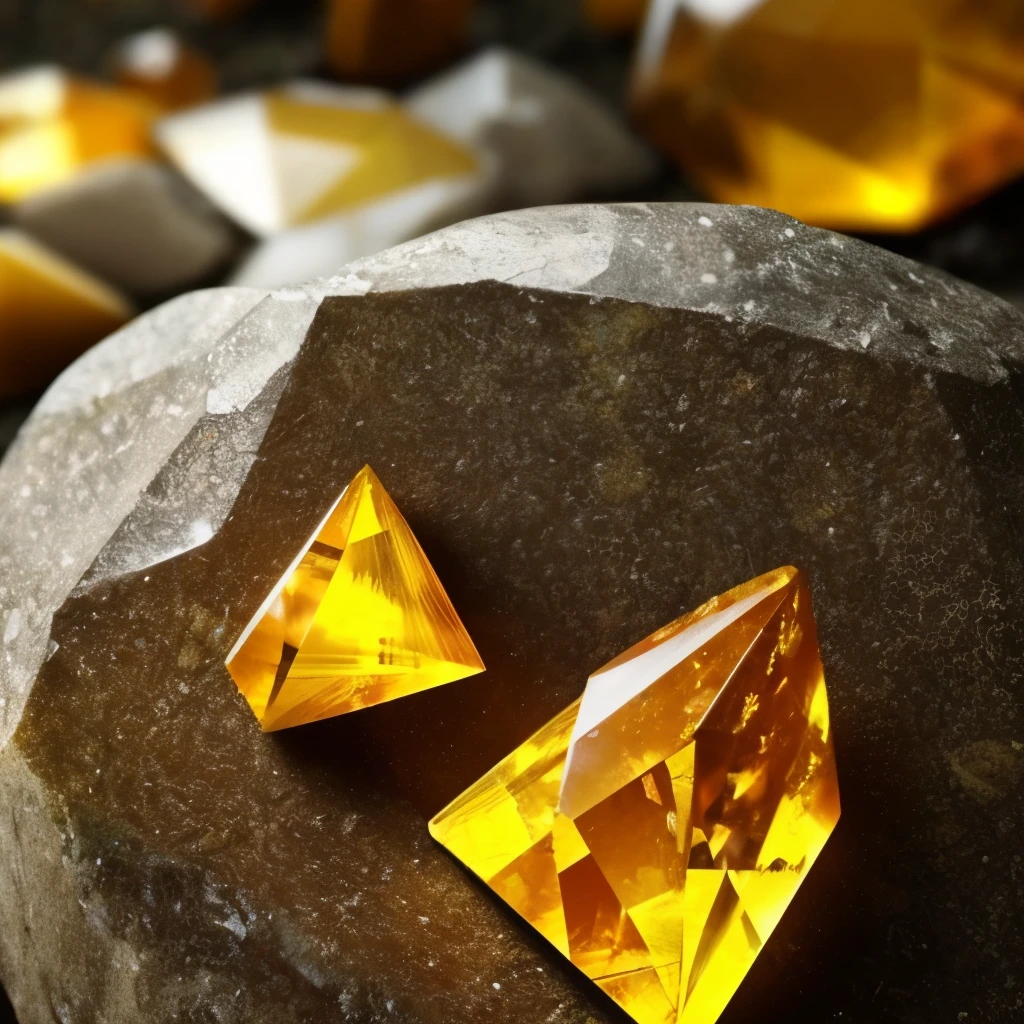 a close up of a yellow crystal on a rock in the woods, a macro photograph by Hans Werner Schmidt, flickr, crystal cubism, yellow crystal gem, glowing amber, glowing crystal on a rock, crystalline!!, beautiful crystals, translucent crystals, crystal formation, crystal clusters, elestial crystals, cave crystals, quartz crystal, crystals enlight the scene