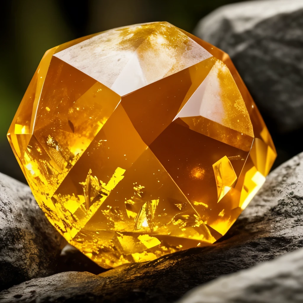 a close up of a yellow crystal on a rock in the woods, a macro photograph by Hans Werner Schmidt, flickr, crystal cubism, yellow crystal gem, glowing amber, glowing crystal on a rock, crystalline!!, beautiful crystals, translucent crystals, crystal formation, crystal clusters, elestial crystals, cave crystals, quartz crystal, crystals enlight the scene