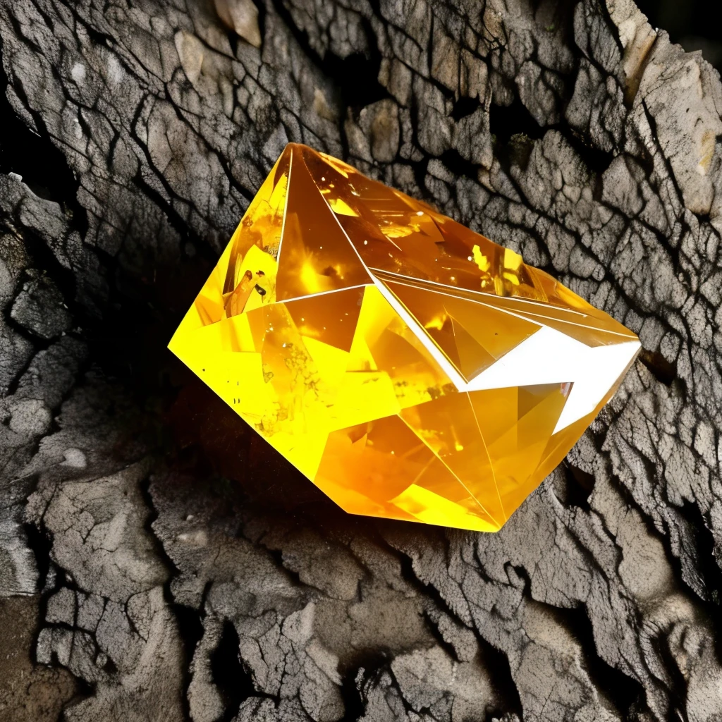 a close up of a yellow crystal on a rock in the woods, a macro photograph by Hans Werner Schmidt, flickr, crystal cubism, yellow crystal gem, glowing amber, glowing crystal on a rock, crystalline!!, beautiful crystals, translucent crystals, crystal formation, crystal clusters, elestial crystals, cave crystals, quartz crystal, crystals enlight the scene