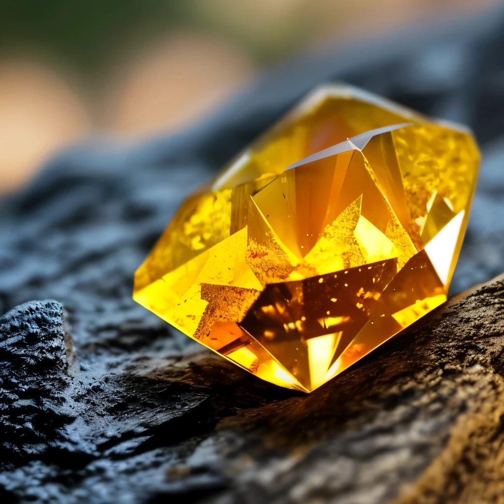 a close up of a yellow crystal on a rock in the woods, a macro photograph by Hans Werner Schmidt, flickr, crystal cubism, yellow crystal gem, glowing amber, glowing crystal on a rock, crystalline!!, beautiful crystals, translucent crystals, crystal formation, crystal clusters, elestial crystals, cave crystals, quartz crystal, crystals enlight the scene