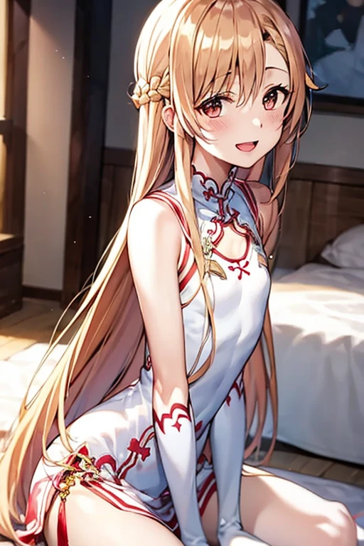 ((Best Quality)), ((masterpiece)), (be familiar with), Perfect Face, indoor, bedroom, Watching the audience,
One woman, Yuuki Asuna,
Open Mouth, Ecstatic expression, blush, smile,
Small breasts,  flat chest, , , , Girl,
Long Hair, Long Hair,
Leg spread,