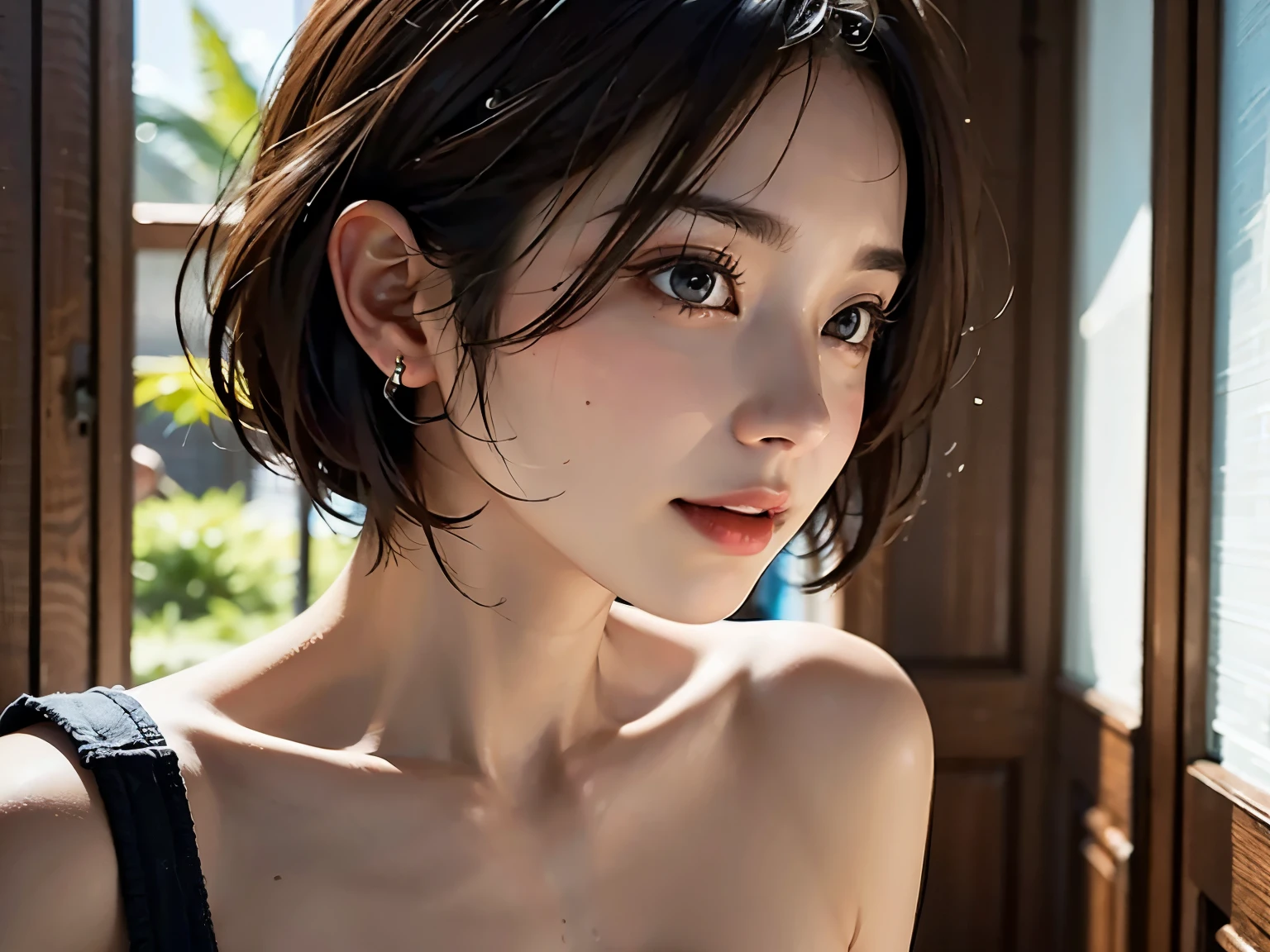 (A hyper-realistic), (illustratio), (hight resolution), (8K), (ighly detailed), (The best illustrations), (beatiful detailed eyes), (top-quality), (ultra-detailliert), (​masterpiece), (wall-paper), (Detailed face), drooing eyes,full of sweat,Upper body close-up,Armpit,short-hair,inner colored,Solo,Girl in simple blue underwear, japanes, Colossal tits、Smile,