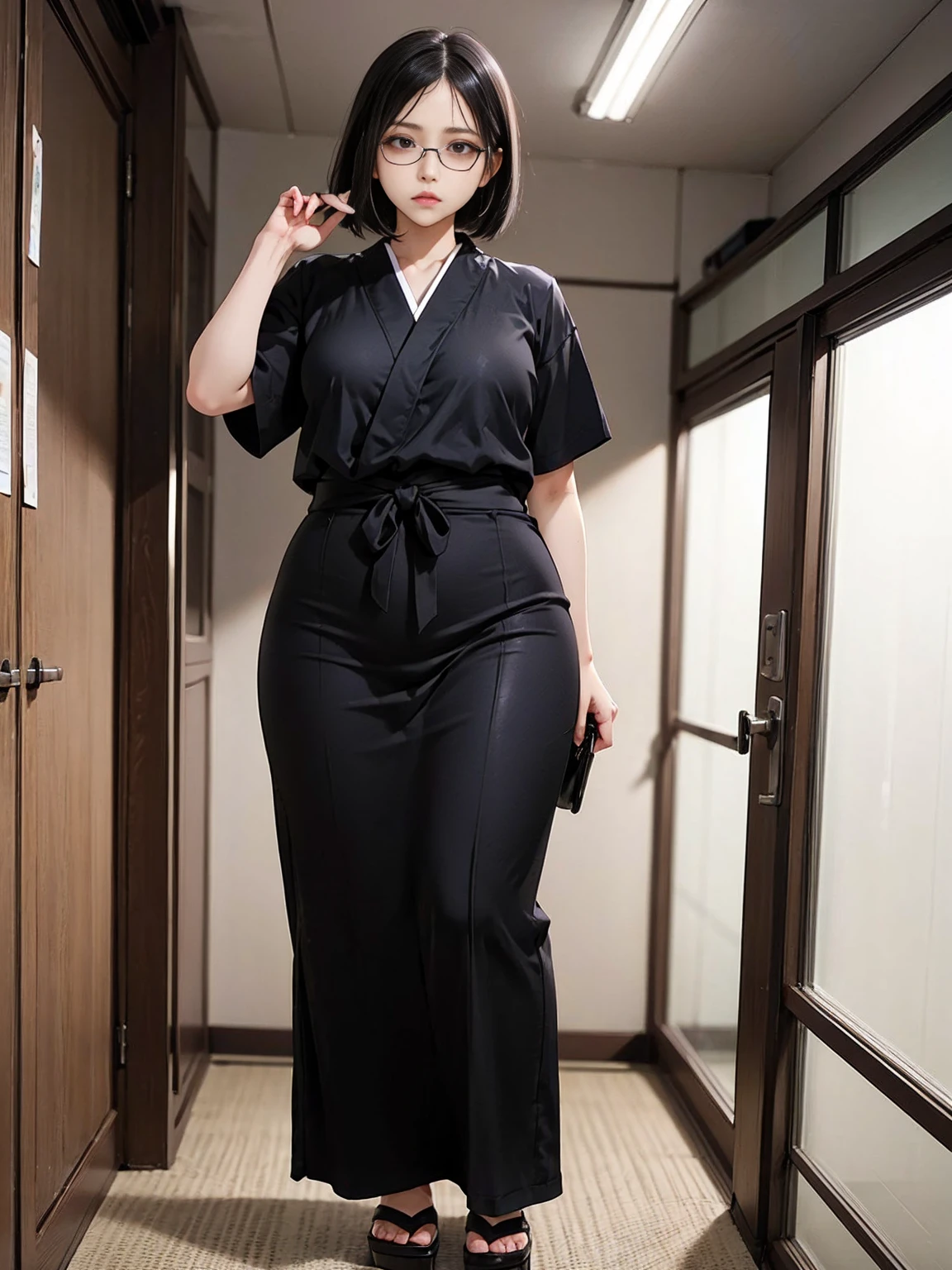      Japanese Woman     , , (Black short bob hair), Plump body,       black eyes,(Wear rimless glasses)       Japanese office lady&#39;s suit, (     wearing a white shirt), Huge breasts,     Light grey mini tight skirt  ,   put your hands on the back of the chair  、 Show the viewers your butt  、Seductive pose, Full Body Shot, Rear View 、A little angry face、  balanced head and body in the company meeting room    