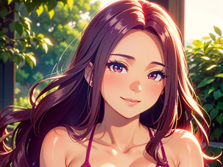 A tanned mature ethereal beauty with long wavy curls, a naturalistic and photographic style, realistically textured cinematic composition, intimate color palette, rich tones, expression of smiling sexiness, Seira Sodeshiro.
