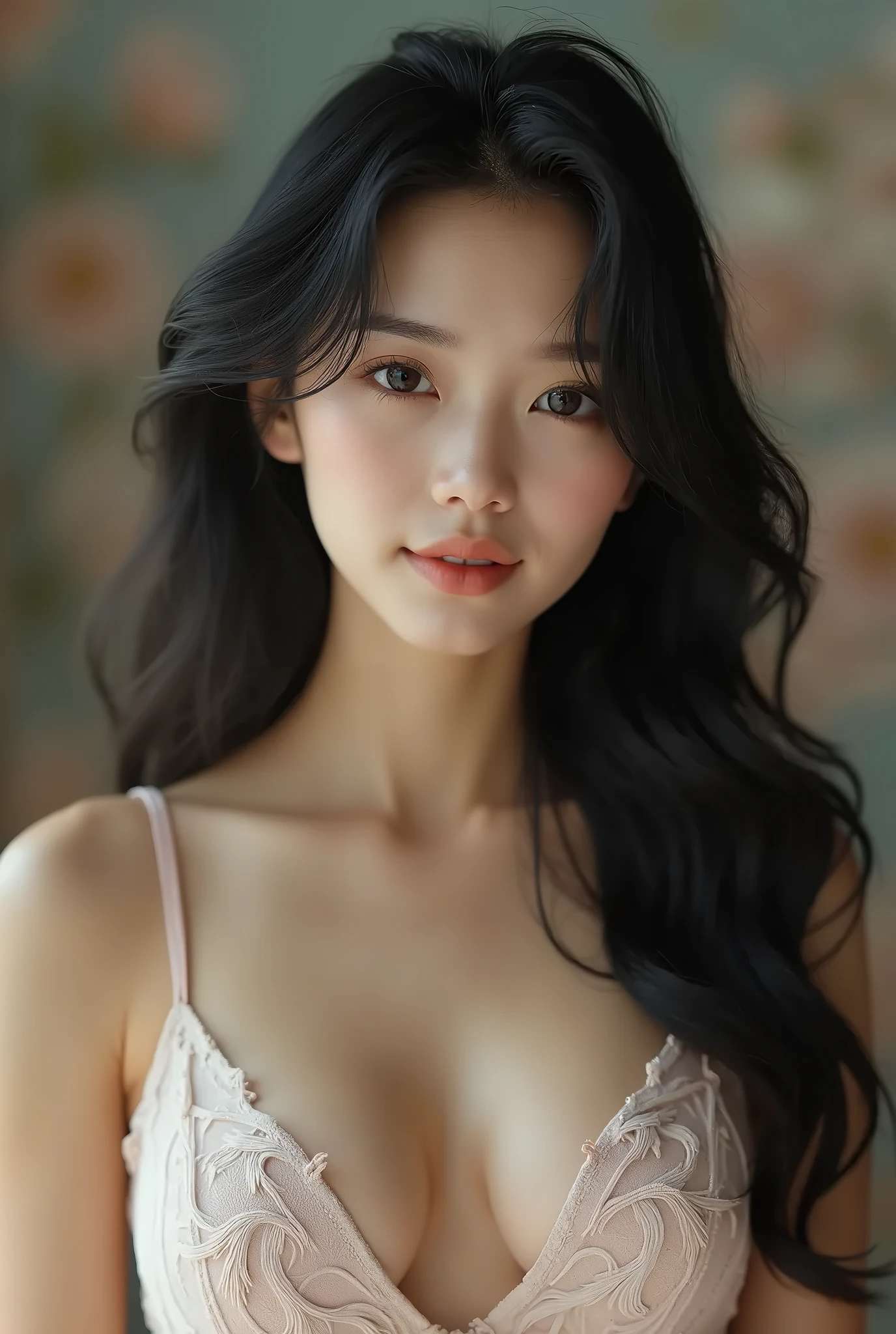 beautiful breasts, (cleavage), (1young girl), Black hair, 18yo, brown eyes, fair skin, sweet girl, cute idol, beautiful girl with beautiful details, (shiny pink lips:1.3), extremely detailed eye and face, (See-through lace costume with cute details and wide open breasts), Bare shoulders, (Bare chest, areola, nipples:1.35), Realistic, extremely detailed CG unified 8k wallpaper, ighly detailed, High-definition raw color photos, professional photograpy, Realistic portrait, Cinematic Light, Beautiful detailed, (Realistic skin:1.2), (Best Quality:1.4), Super Detail, High quality, Indoor, depth of fields,