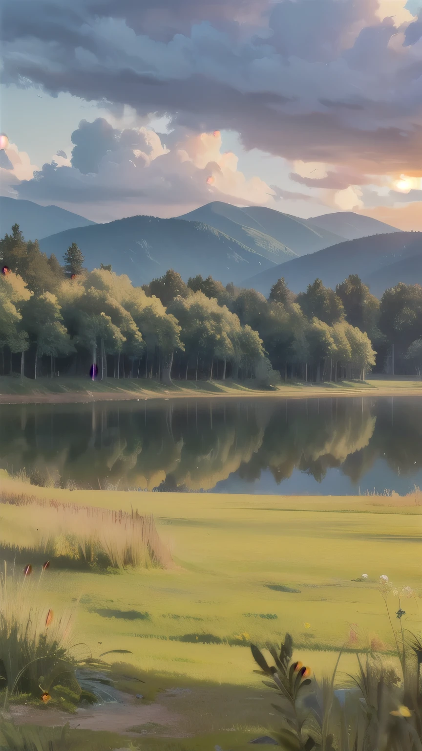 a serene landscape with rolling hills, a tranquil lake reflecting the sky, lush green forests, a picturesque village nestled in the distance, wispy clouds drifting overhead, warm golden sunlight filtering through the trees, detailed clouds, detailed foliage, (best quality,4k,8k,highres,masterpiece:1.2),ultra-detailed,(realistic,photorealistic,photo-realistic:1.37),landscape,cinematic lighting,vibrant colors,dramatic sky