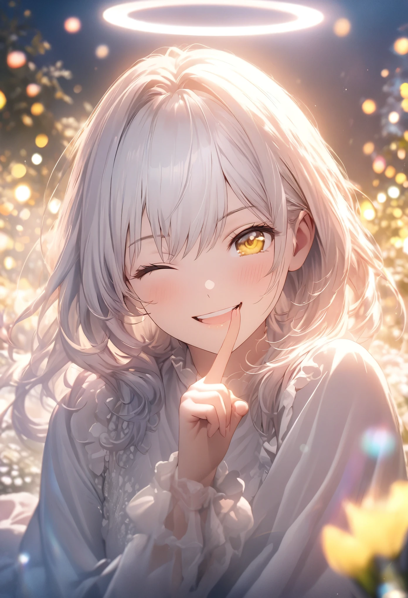 cinematic lighting, lens flare, f/1.2, masterpiece, Highest quality, Highly detailed CG Unity 8K wallpapers, Girl Anime Illustration. Making a finger gun gesture to the audience, she has her eyes closed and mouth open, smile. The background is a light pastel colored landscape., white hair color, Yellow Eyes, Bokeh Photo, (Soft Focus):1.2, Out of focus highlights, Dreamy atmosphere, Glowing circle, Fascinating Depth, The background is also realistic, Depth of written boundary, garden