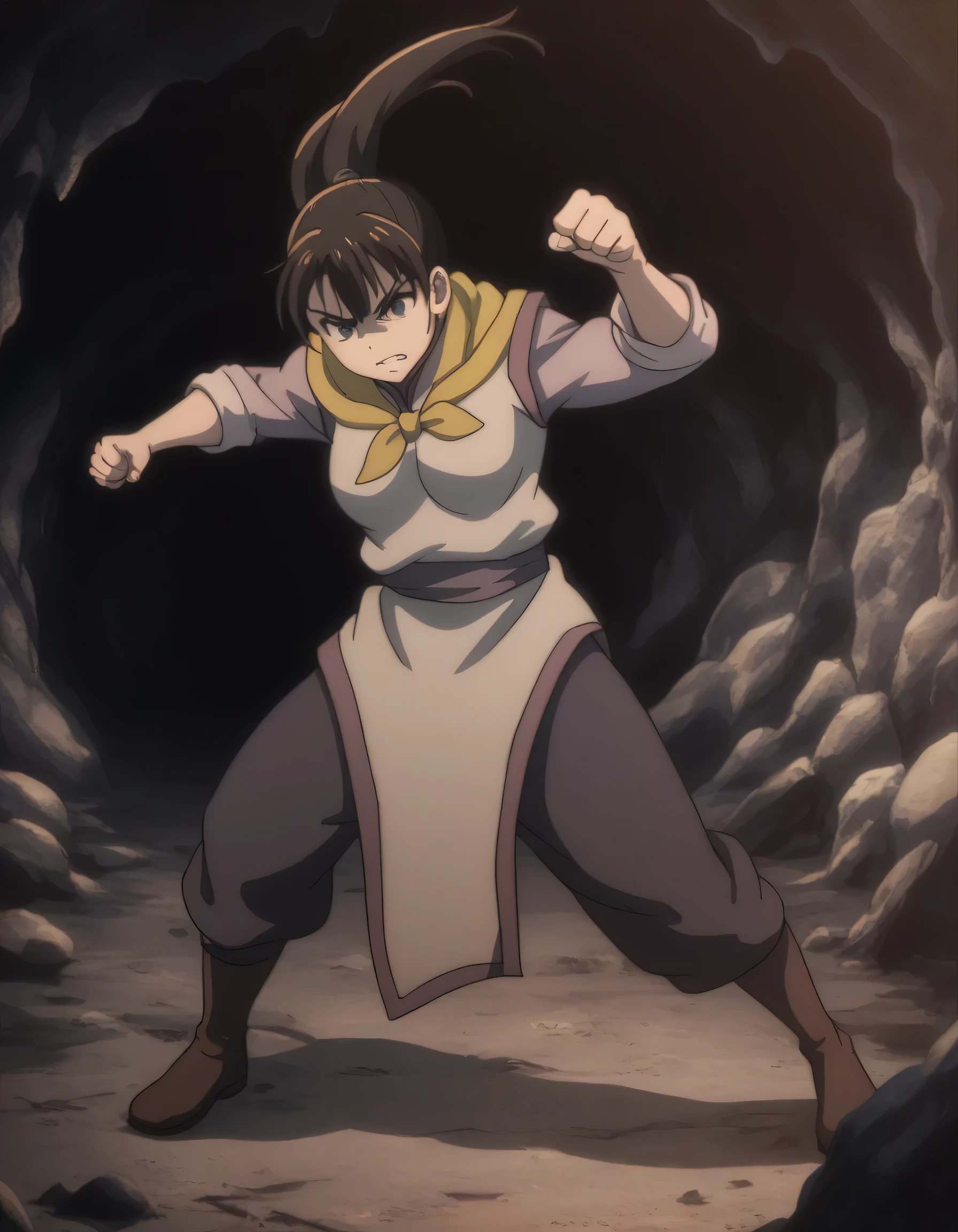 score_9,  score_8_up, score_7_up, gsfghtr, multicolored robe, neckerchief,
1girl, fighting stance, cave, dim lighting