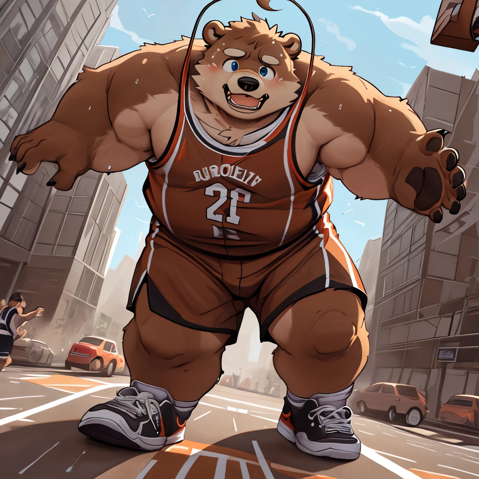 The as big as a building Giant Grizzly Bear in the road of modern city,Grizzly Bear (massiv:3.0,big muscle:1.1( red and gray ,Heavyweight ,stark,Macro:1.5, emphasize the huge size, step on the ruins)),background(( the collapsing building ,raise the small spoke,the little sparks,the crack in the road)), New Jersey 5 Furry, Grizzly Bear ,(Basketball Court),((Dunk)),((with a basketball)),masterpiece, Highest image quality ,Lonely,pummelig,Fat,thick arms,Robust muscles,(((Brown plush fur ))),pummelig Face,(black eyebrows),sky blue eyes,((ahoge)),(Basketball-Uniformen, Basketballshorts, Sneakers),Lonely,(sweat),(Hip bulge),((moving perspective)),((wide dynamic range)),Blush,((happy)),((running view)),
