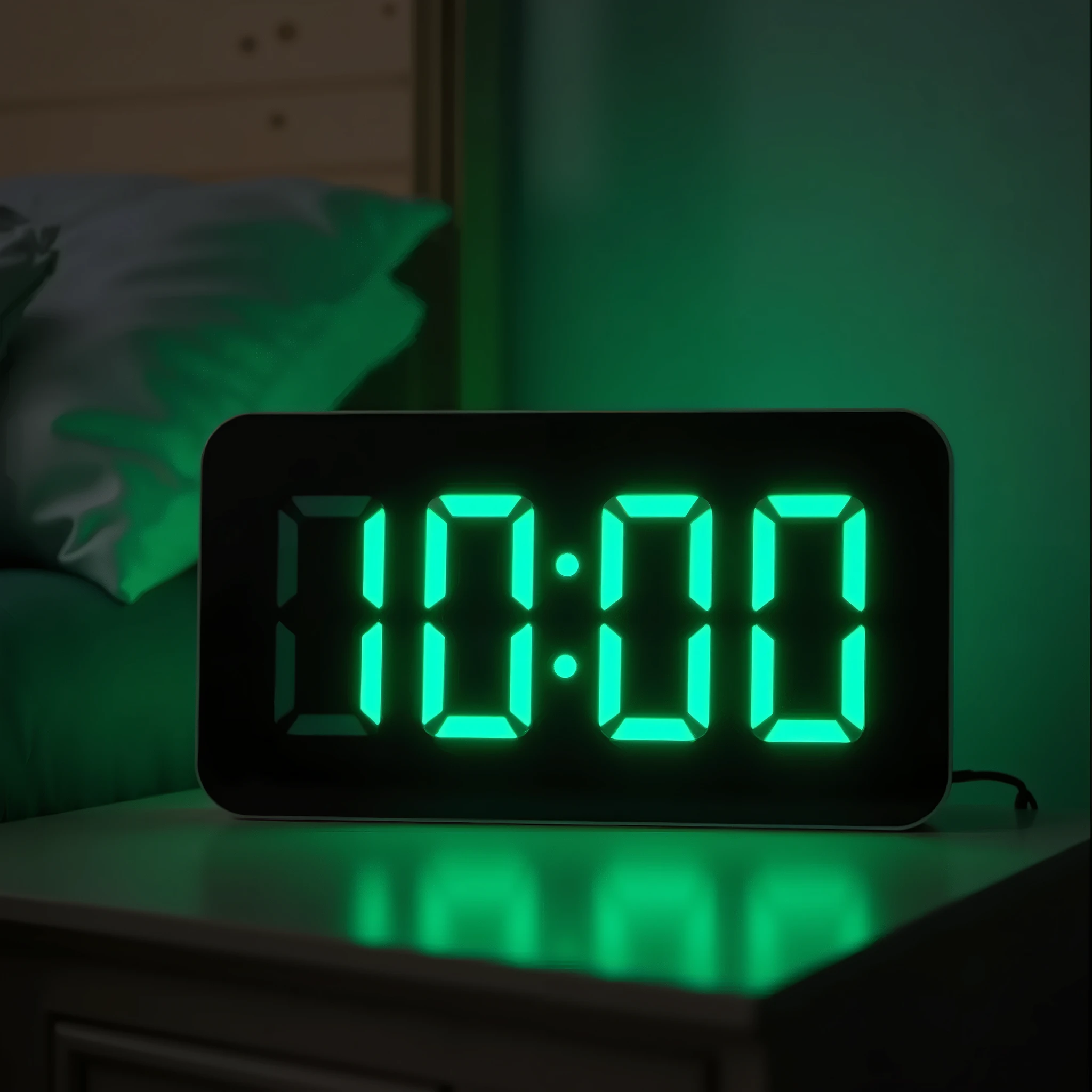 A big black digital clock in the "00:00", with its realistic green lights, on top of the nightstand, blur, front view
