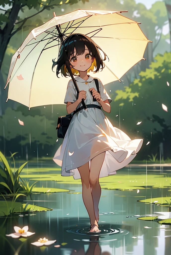 score 9, source anime, wide shot, from below, a young girl dancing in the rain, dynamic pose, perfect face, playful expression, messy hair, wet skin, rain drops, outdoor garden scene, lush green foliage, overcast sky, dramatic lighting, moody colors, cinematic, best quality, 8k, highres, masterpiece, ultra-detailed,