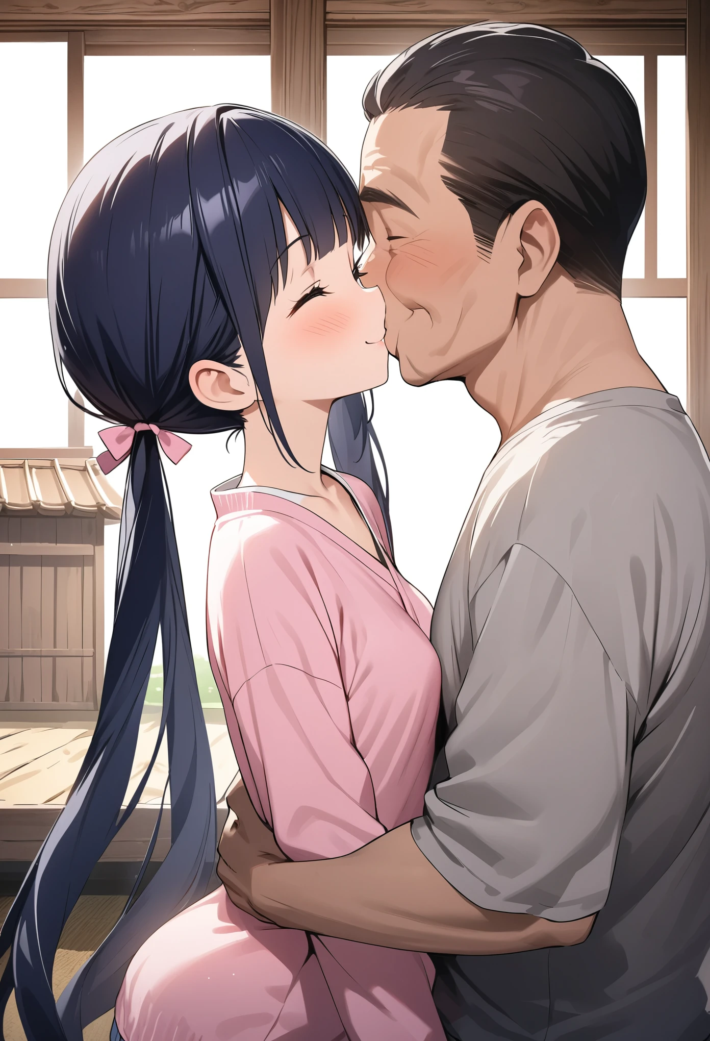 Best Quality、4K、Super precise picture 、 very cute girl、Young、Slender body、Small breasts、Shiny dark blue hair、 Twin Tail、Old straw house、Japanese Housing、Pink Sweater、smile、One middle-aged man、Kiss