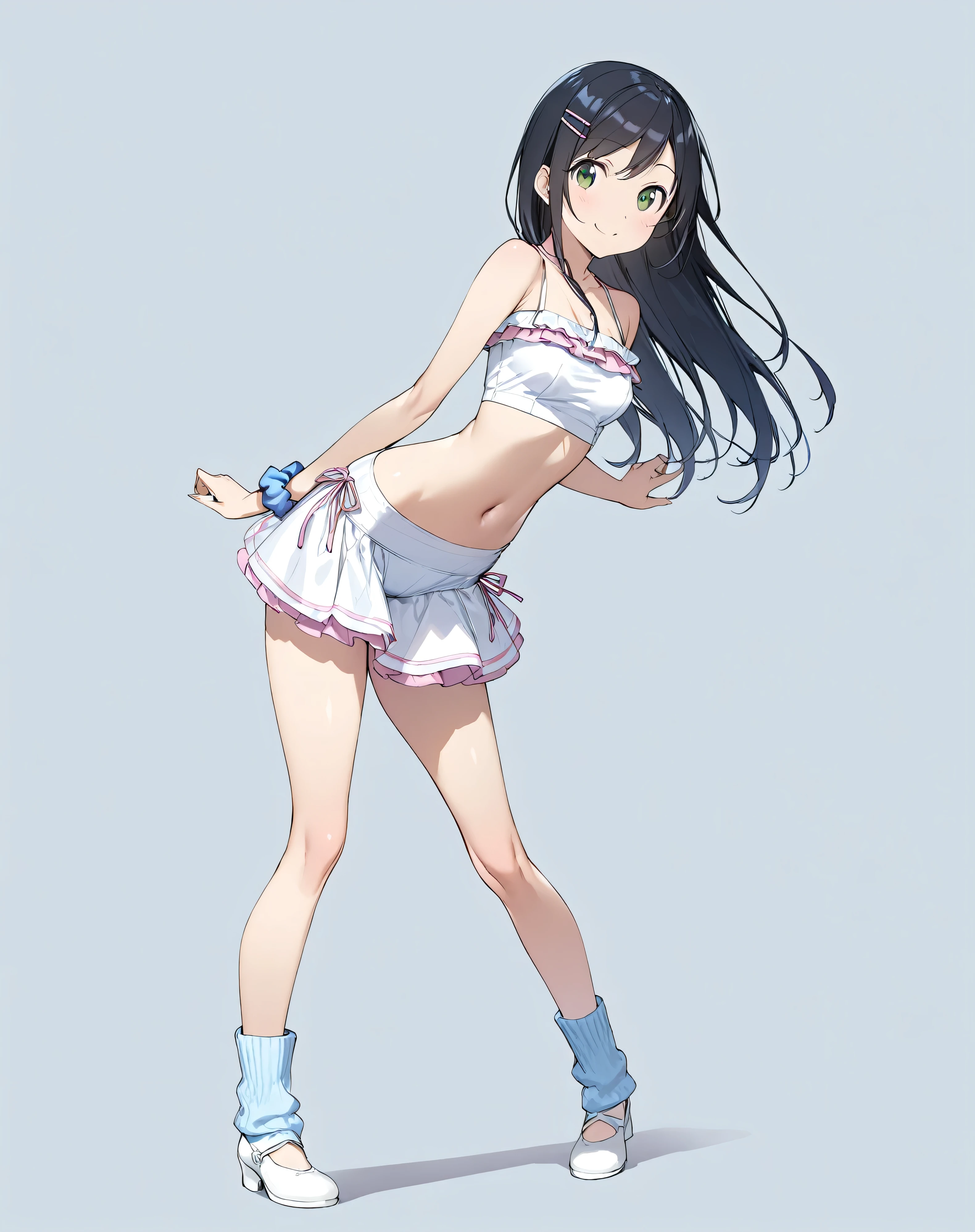 (masterpiece)、(Very high quality)、(Ultra-high resolution)、(Ultra-detailed)、(Intricate details)、4K、8k、
( high contrast:1)、
(Head to Toe:1.5、Full body view:1.5)、In the center:1.5、
(Aragaki Ayase)、
(so beautiful:0.9)、(Very cute:0.9)、
Round face、(Brighten the face:0.3)、
(Long straight black hair)、Long Hair、bangs、(Hair Clip)、
(Detailed face:0.7)、(High nose:0.3)、(smile:1.0)、
Beautiful breasts、Round Breasts、
Five Perfect Fingers、Big green eyes、
Delicate and smooth skin、Beautiful Skin、 textured skin、
(White off-the-shoulder top)、(Pink ruffles on the hem of the top)、
(Blue Mini Tight Skirt)、(Pink frills on the hem of a mini tight skirt)、Blue knee-high socks、White pumps、
Blue scrunchie on wrist、
( exposes bare belly)、I can see her blue panties with white frills、
Delicate fabric、
((( Leaning Forward :0.5)))、
(Studio Lighting:0.2),
(Wide lighting:0.2),
Slender body,
Small breasts,
Sublime Heights,
Charge,
Dutch Angle,
( solo focus :1.0), (standing:1.5),
(Full Body Shot:1.5),
( Highlighting Her Muscles ),
(No background:1.5),