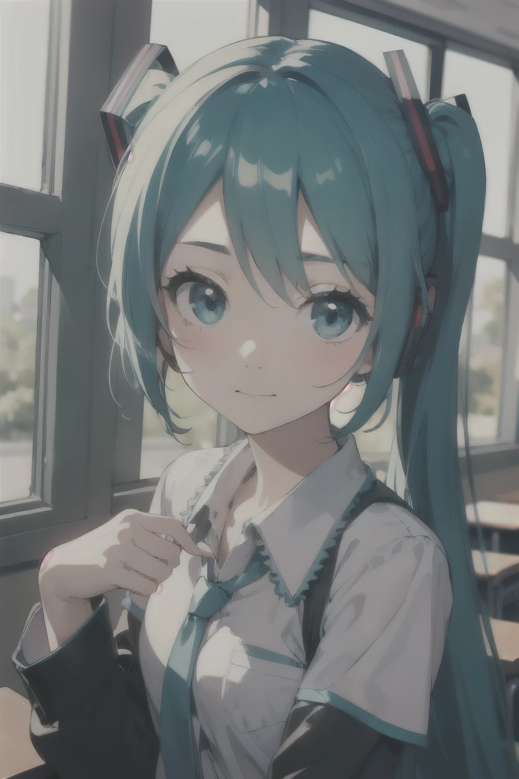 masterpiece, Best quality,1 Girl, portrait, Upper body, School Uniform, classroom, World plan, Hatsune Miku,